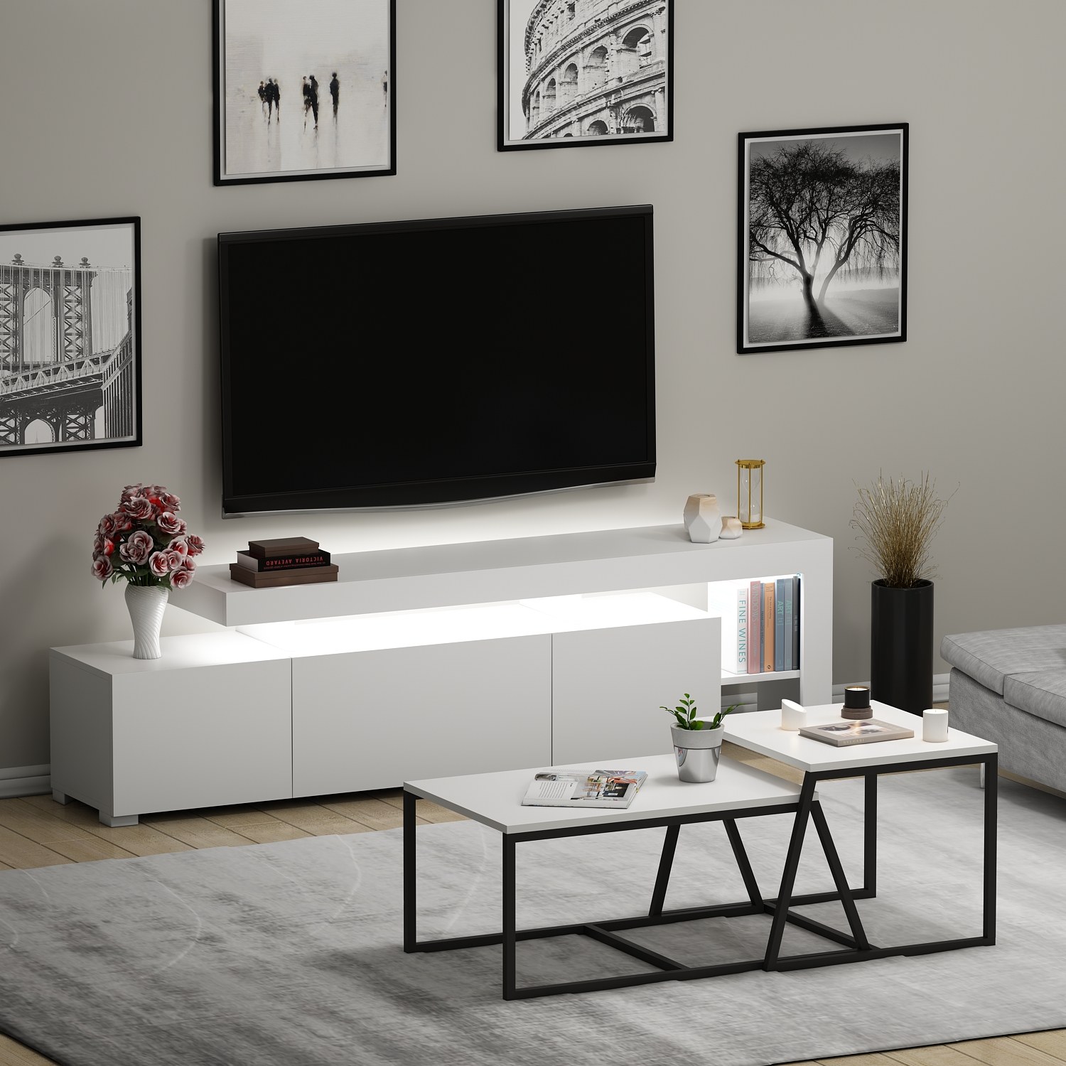 Beliz Living Room Furniture Set Wood Veneer White