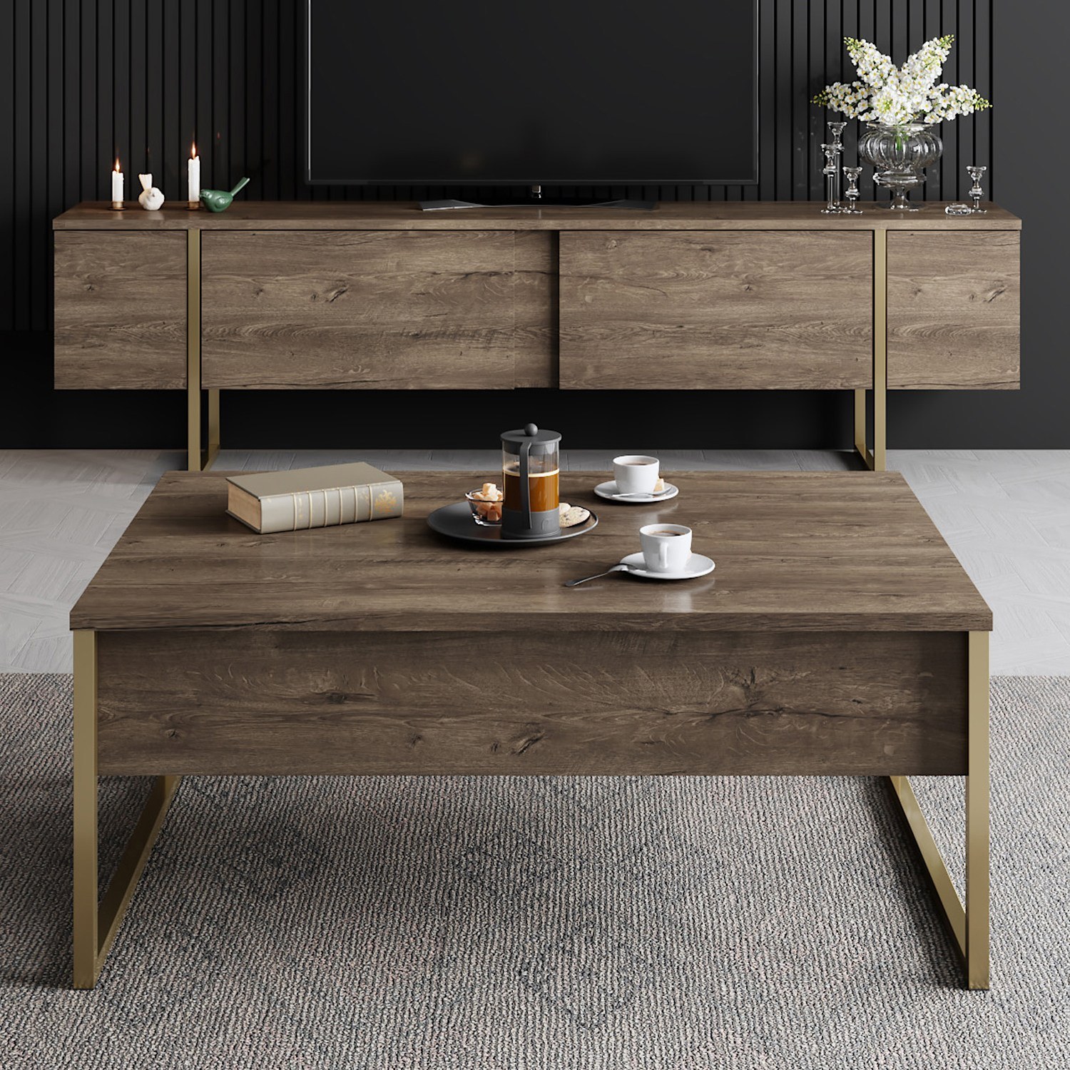 Luxe Wohnzimmermöbel-Set Holzfurnier Gold