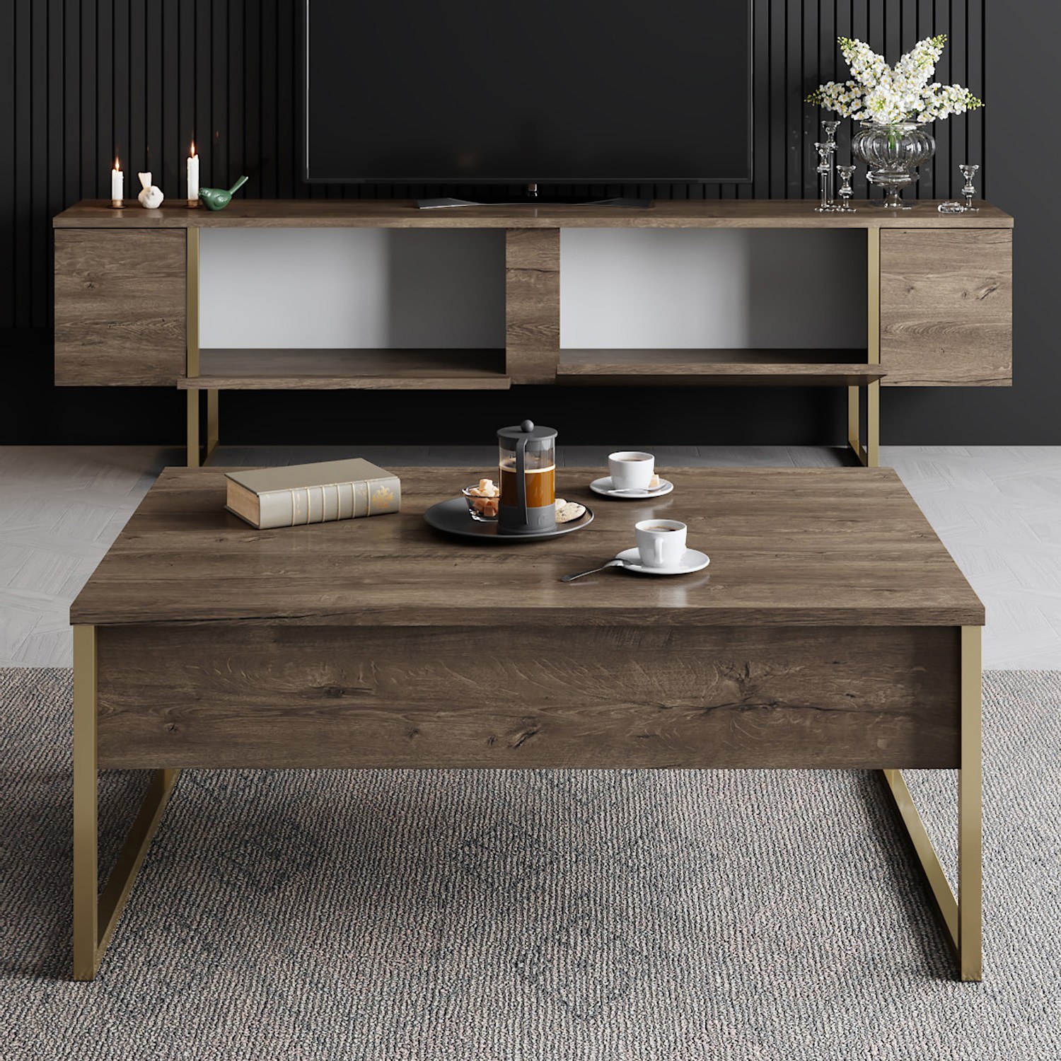 Luxury living room furniture set wood veneer gold