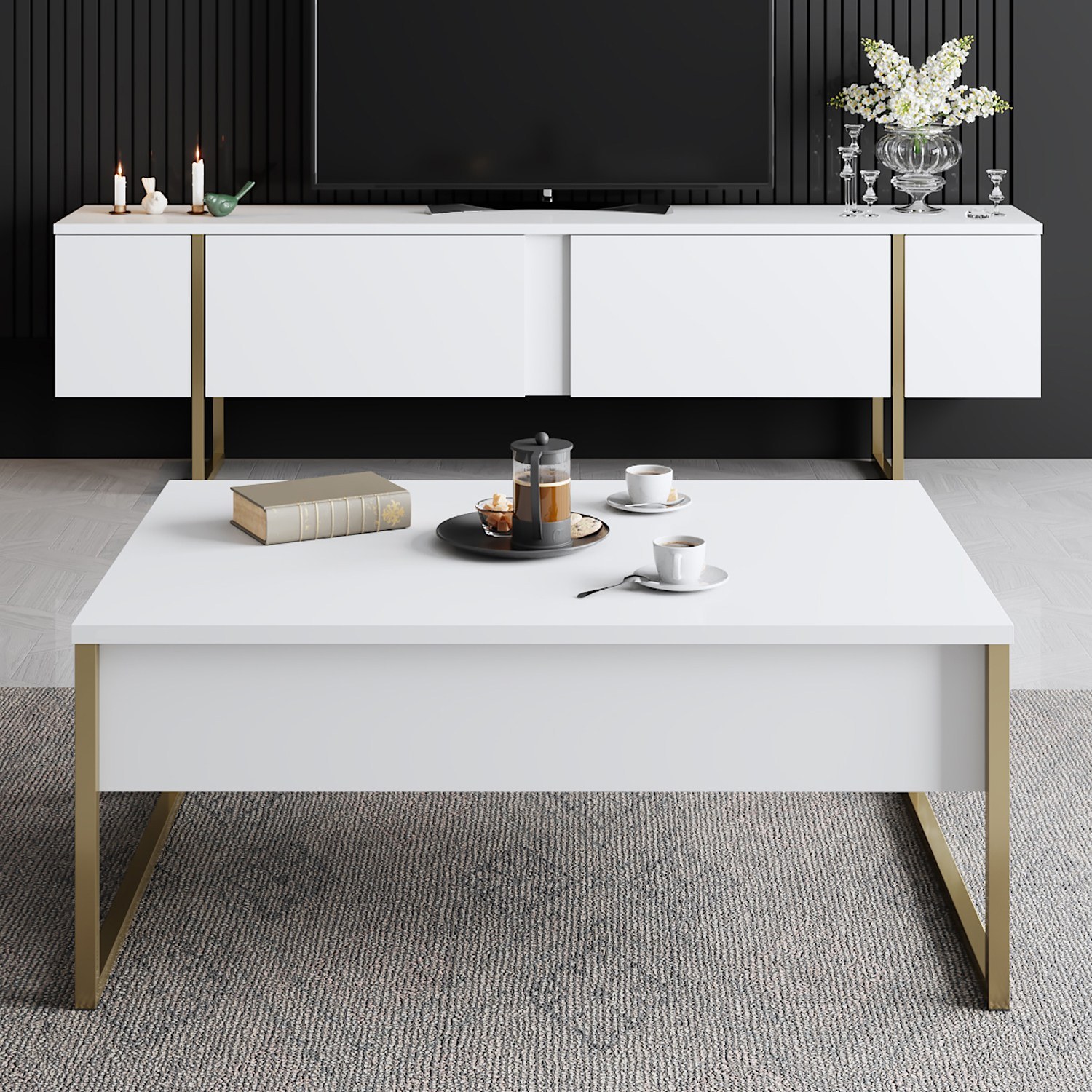 Luxury living room furniture set wood veneer white gold