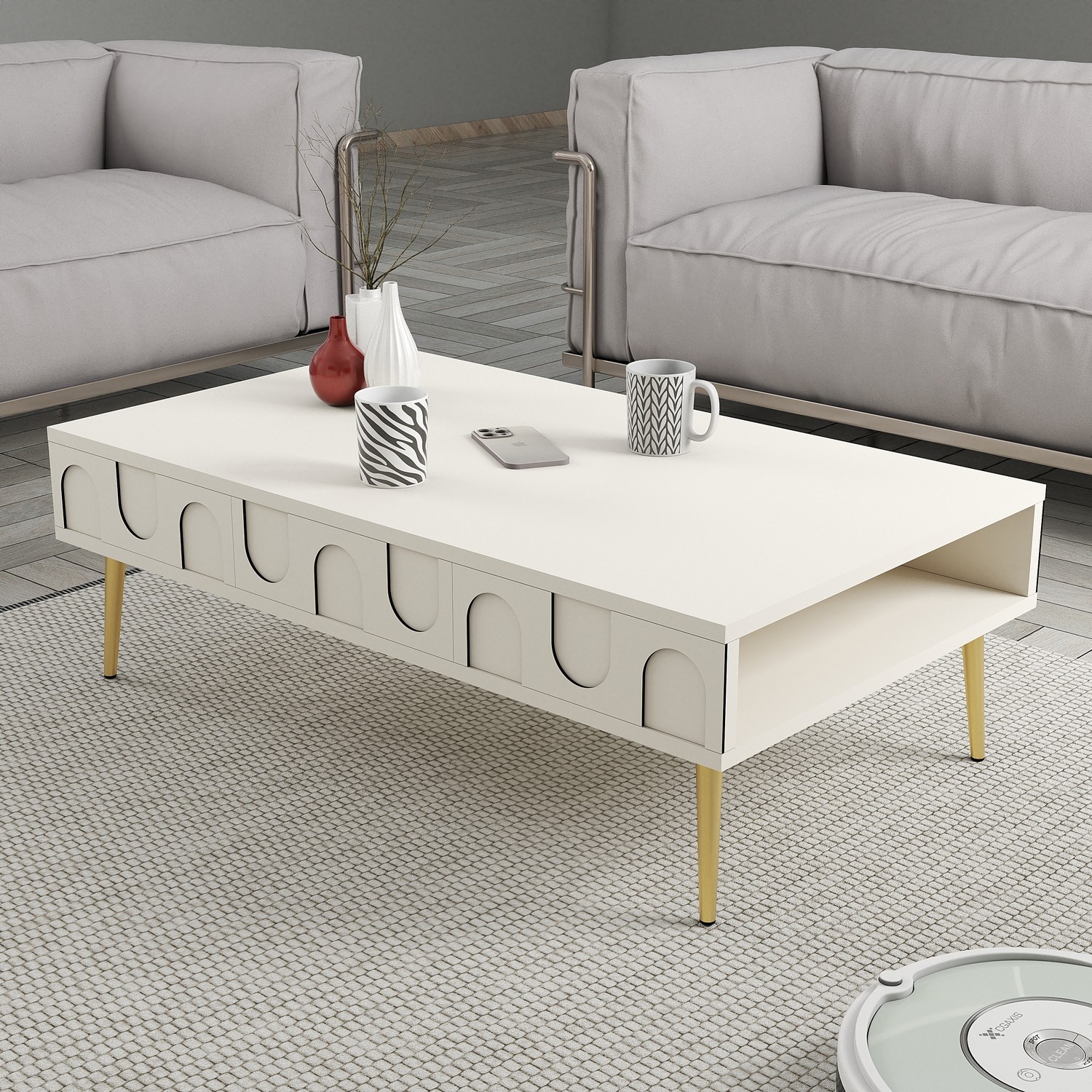 Lyon 33 Couchtisch Holzfurnier Creme Gold