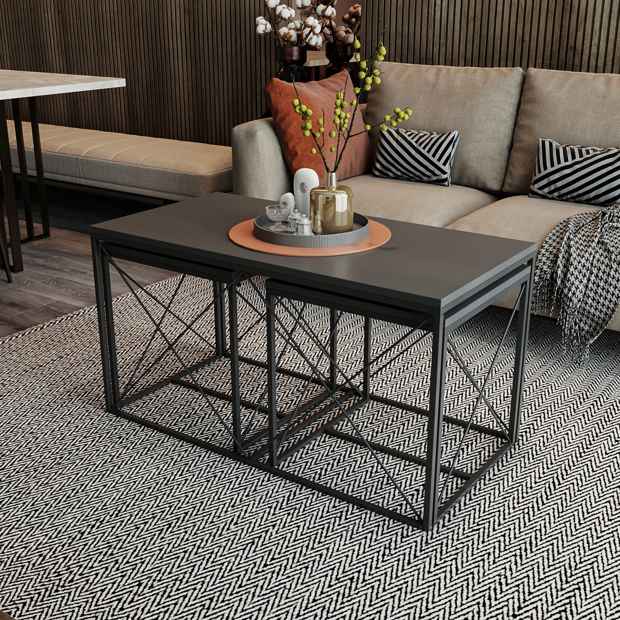 Defne Coffee Table Set Wood Veneer Anthracite Black