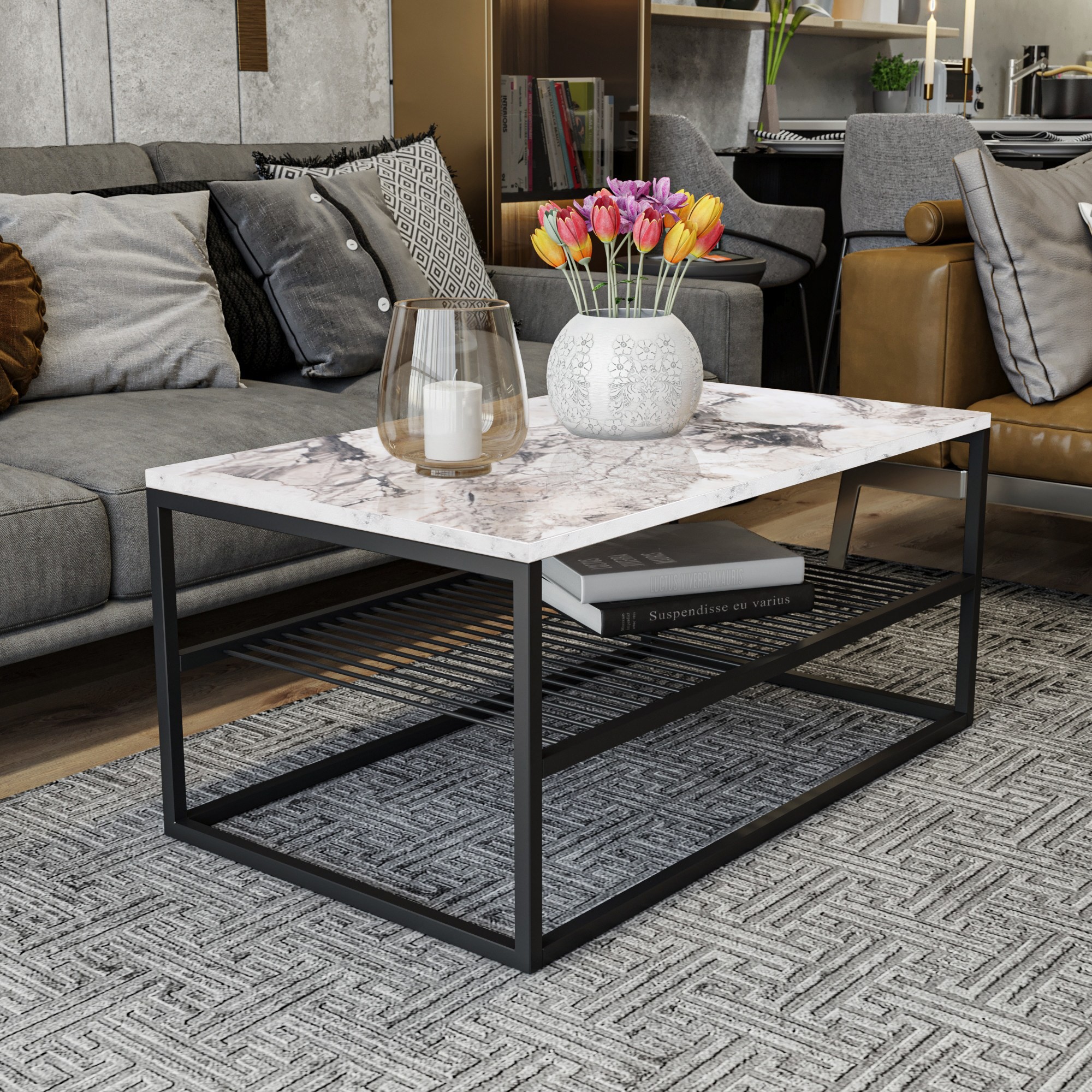 Asude Couchtisch Holzfurnier Weiß Schwarz