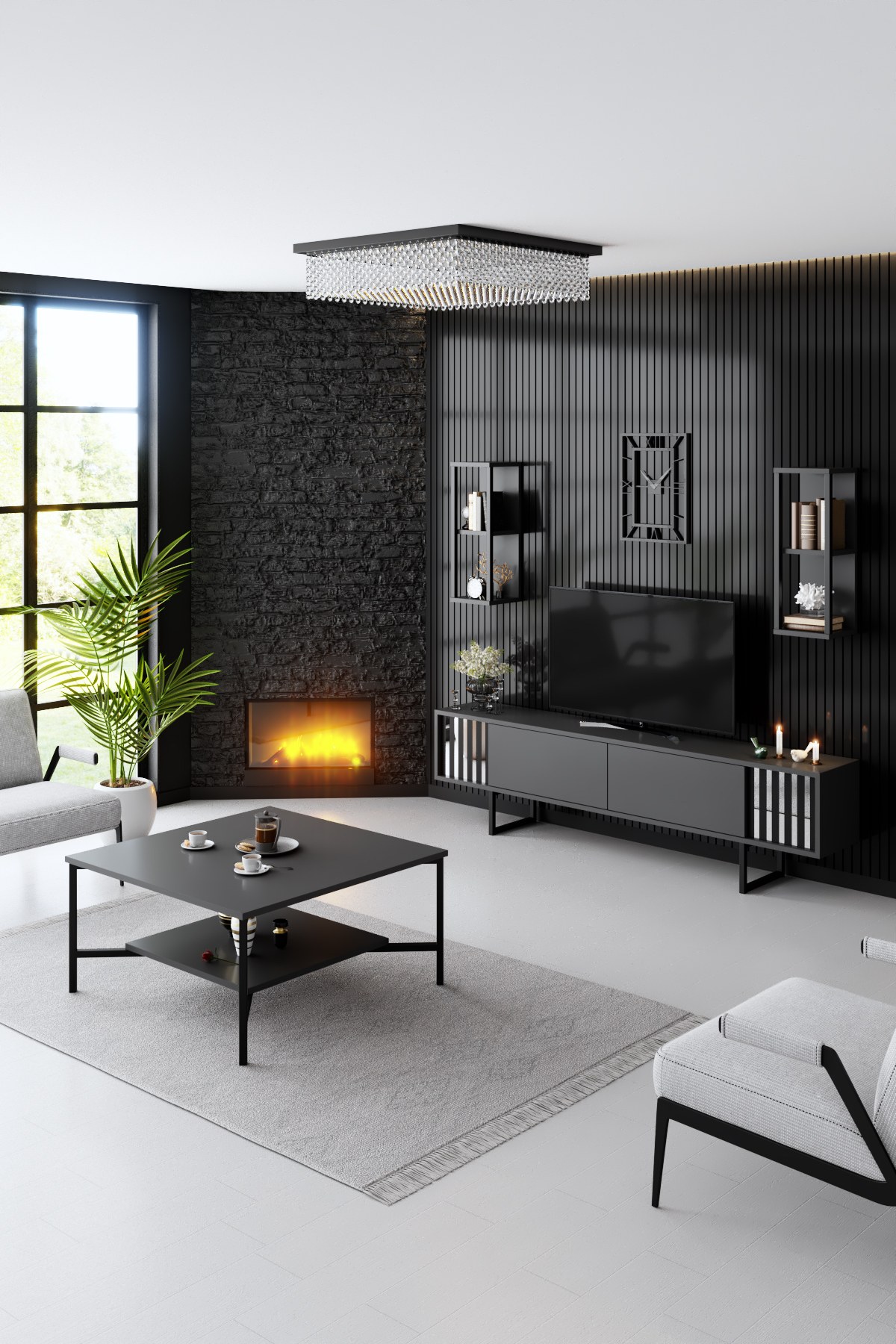 Chrome Line TV cabinet wood veneer anthracite black