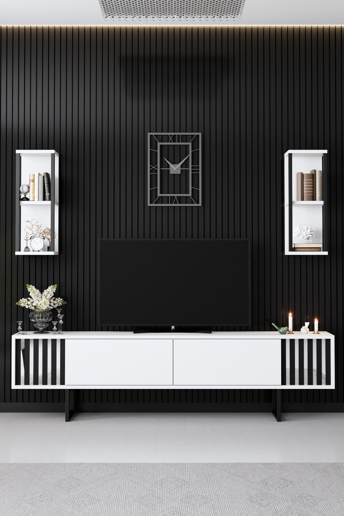 Chrome Line TV cabinet Wood veneer White Black