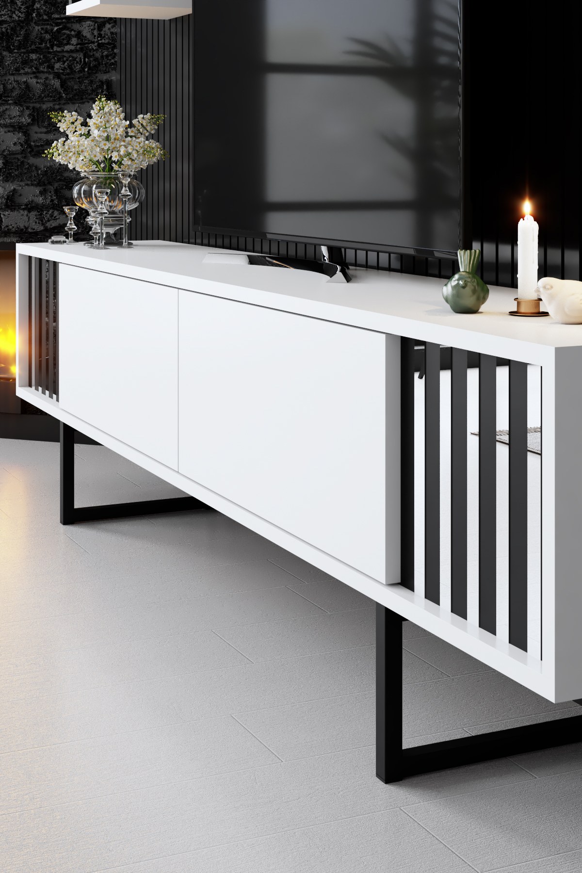 Chrome Line TV-Schrank Holzfurnier Weiß Schwarz