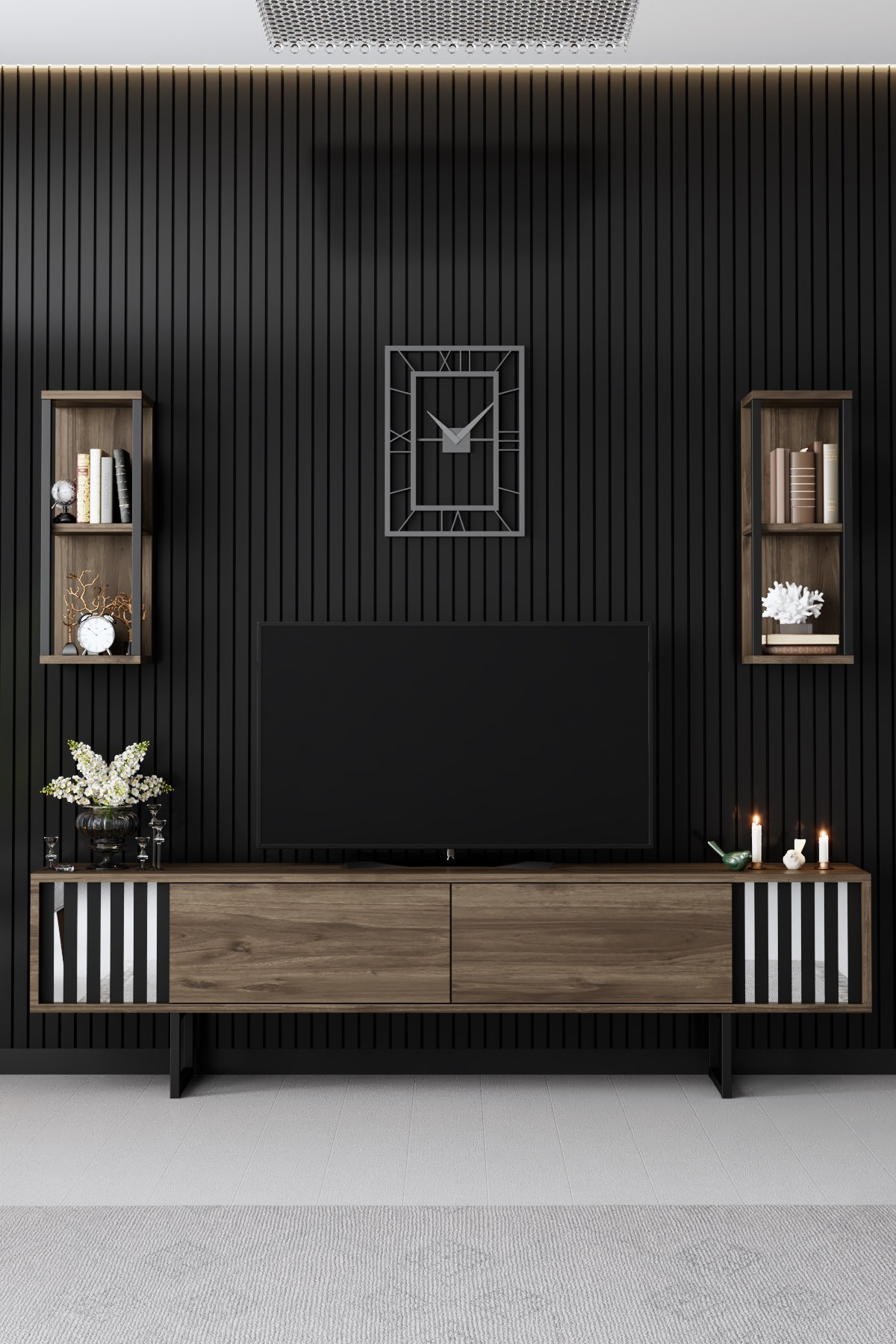 Chrome Line TV cabinet Wood veneer Black