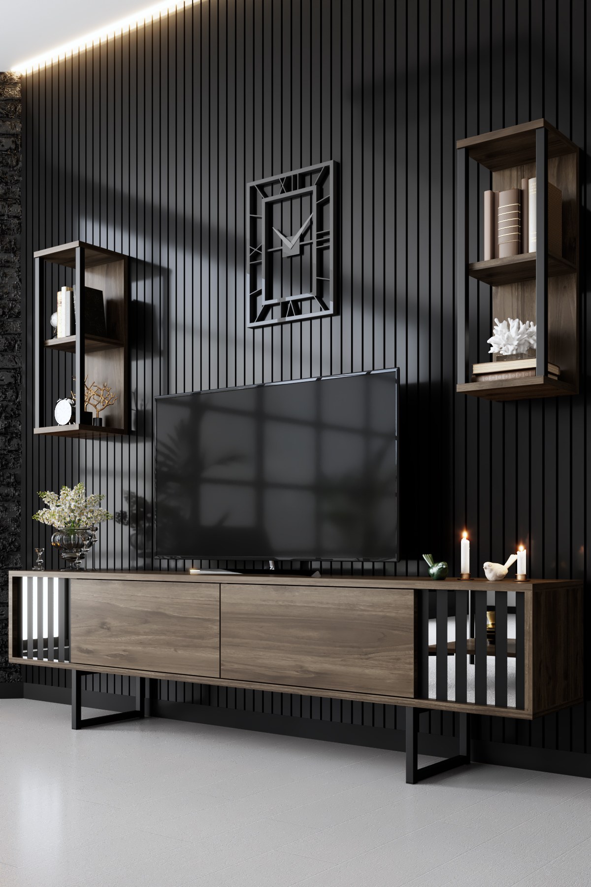 Chrome Line TV cabinet Wood veneer Black