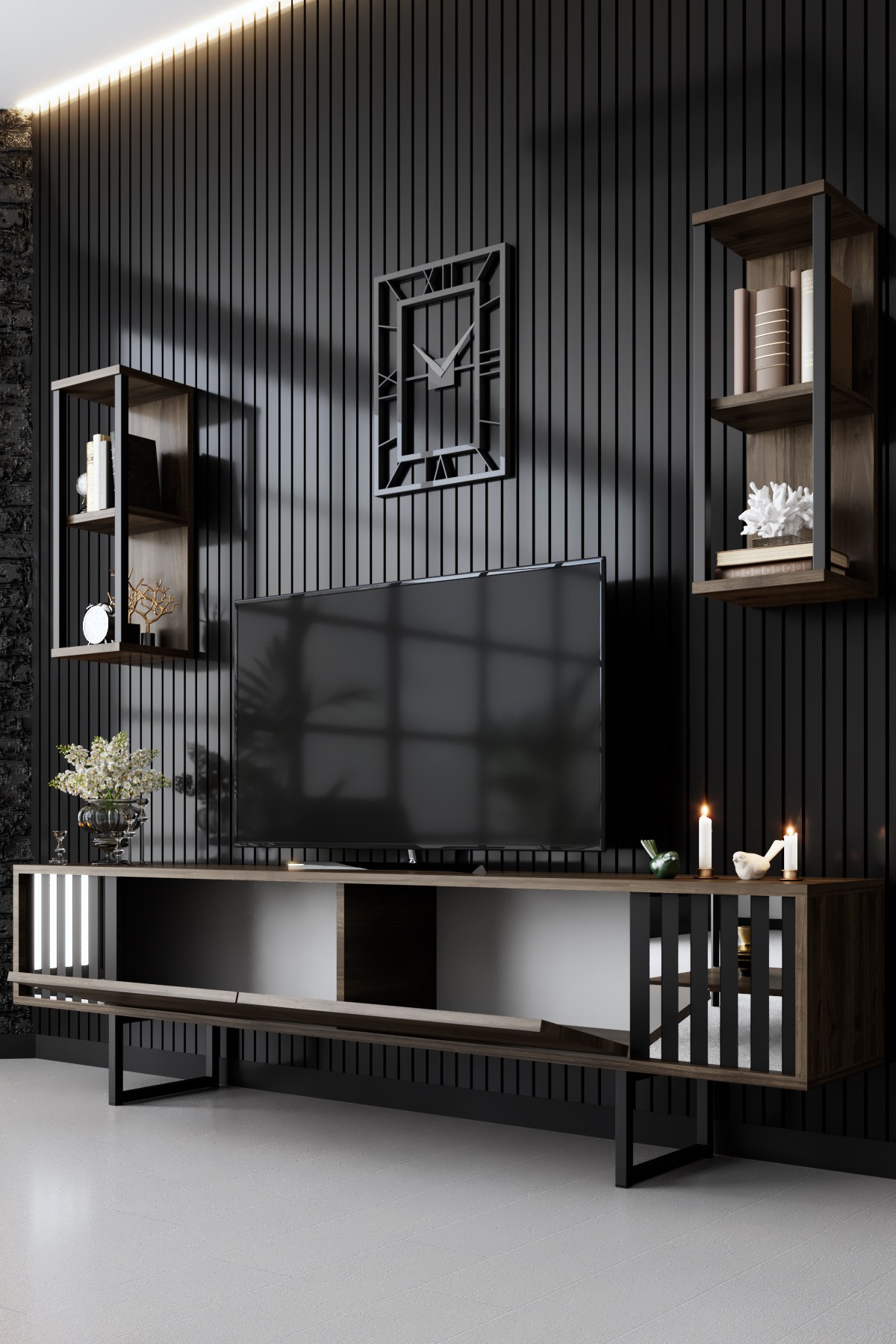 Chrome Line TV cabinet Wood veneer Black