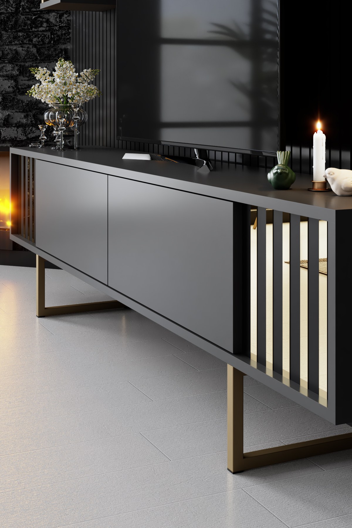 Gold Line TV cabinet Wood veneer Anthracite Black