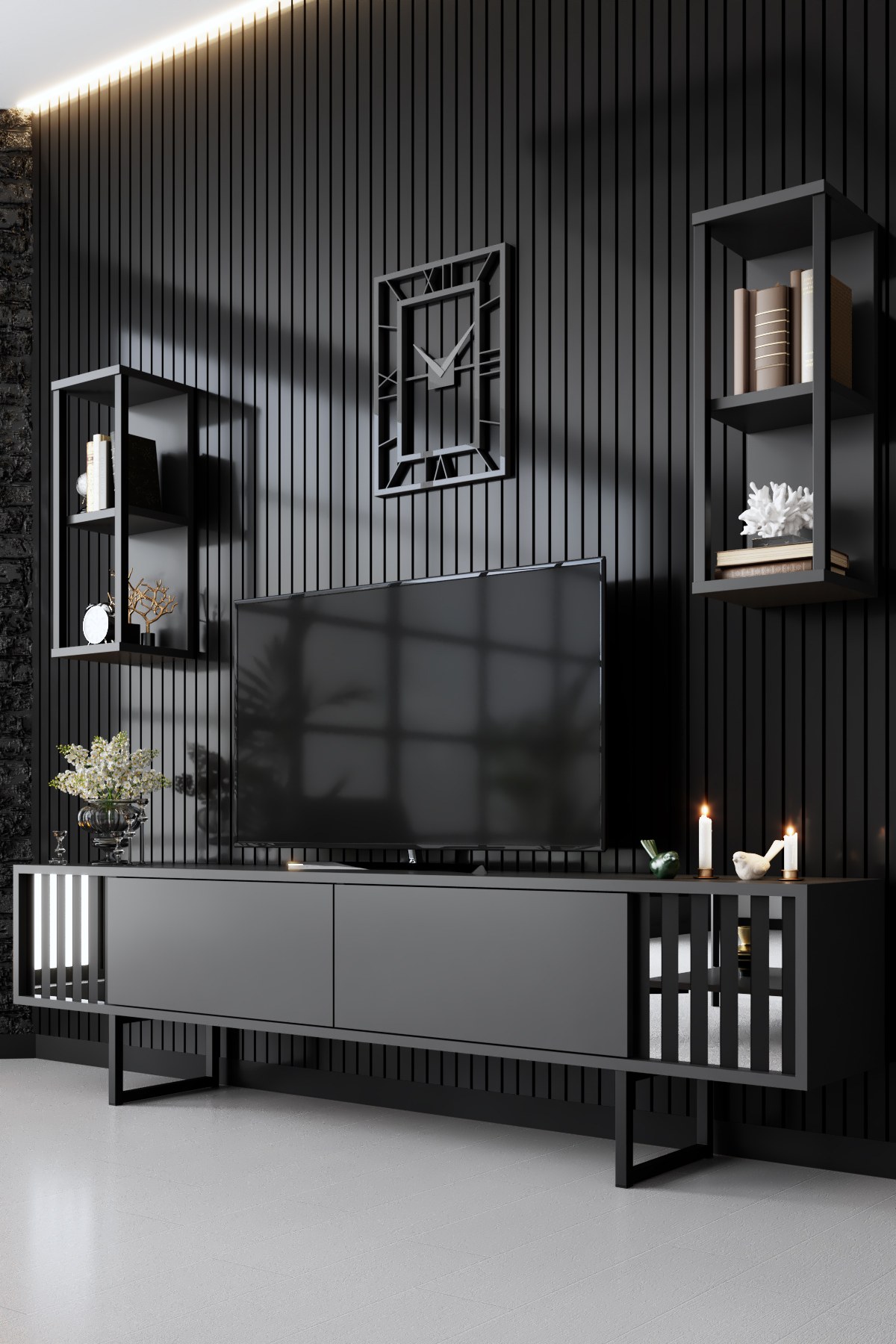 Chrome Line TV cabinet wood veneer anthracite black