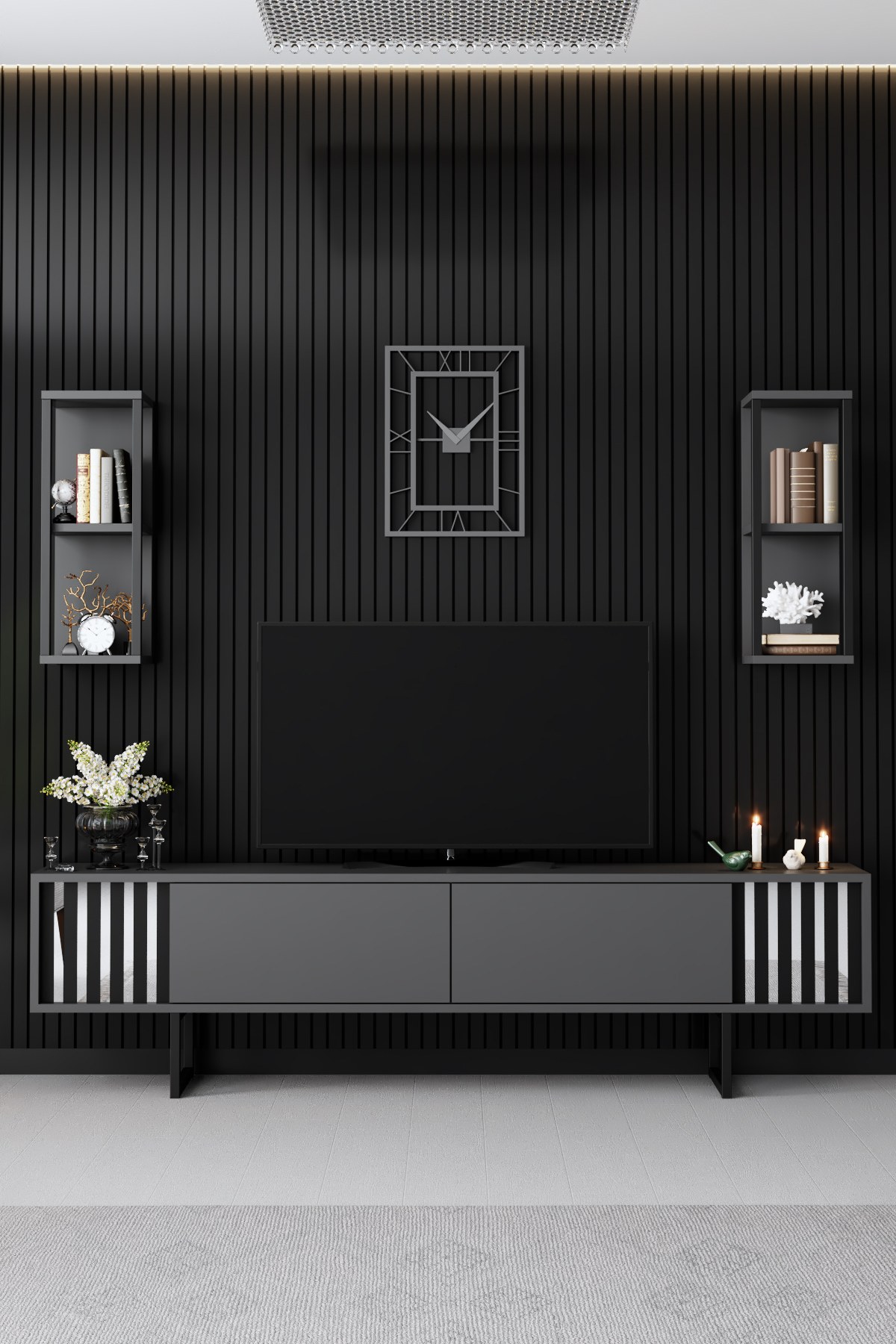 Chrome Line TV cabinet wood veneer anthracite black