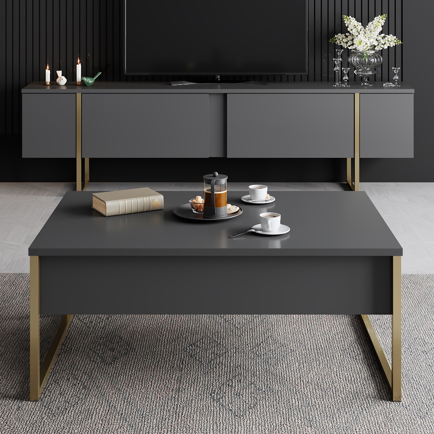 Luxe Couchtisch Holzfurnier Anthrazit Gold