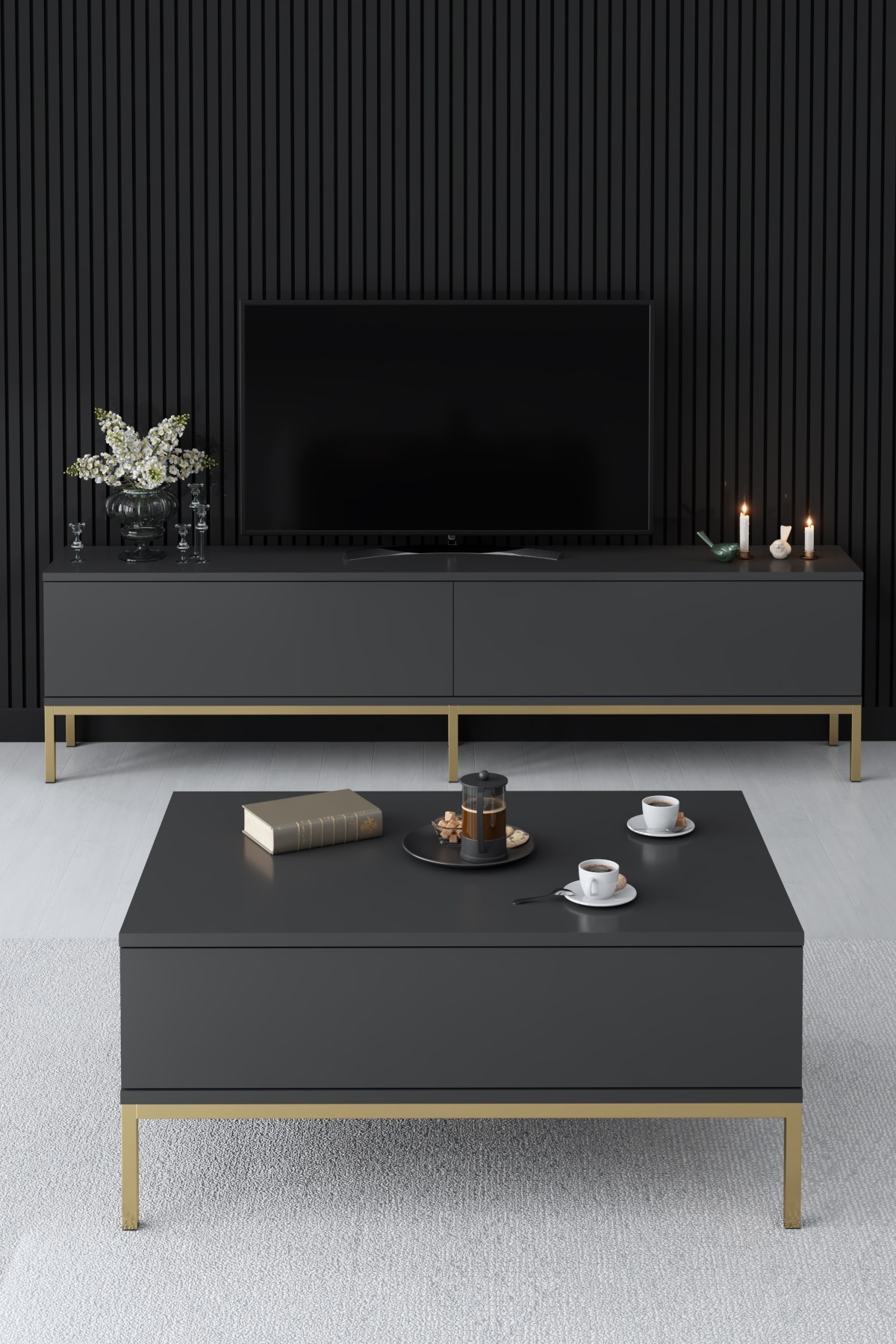 Lord Coffee Table Wood Veneer Anthracite Gold