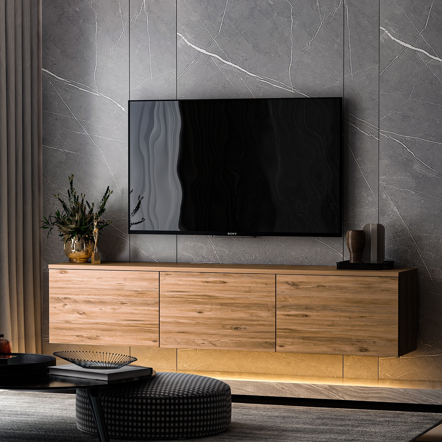 Neon Illuminated Lowboard Wood veneer