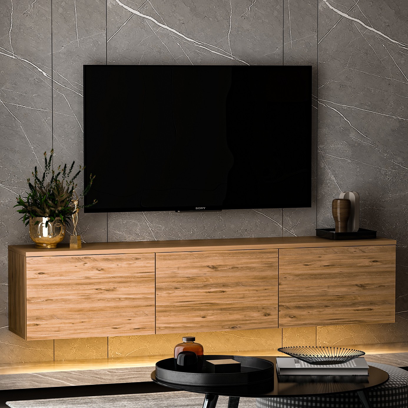 Neon Illuminated Lowboard Holzfurnier