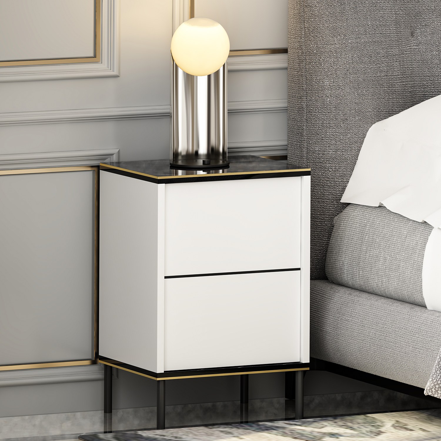 Imaj Nachttisch Holzfurnier Weiß Schwarz Gold