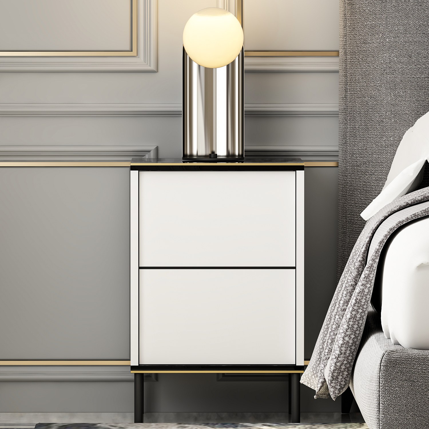 Imaj Nachttisch Holzfurnier Weiß Schwarz Gold