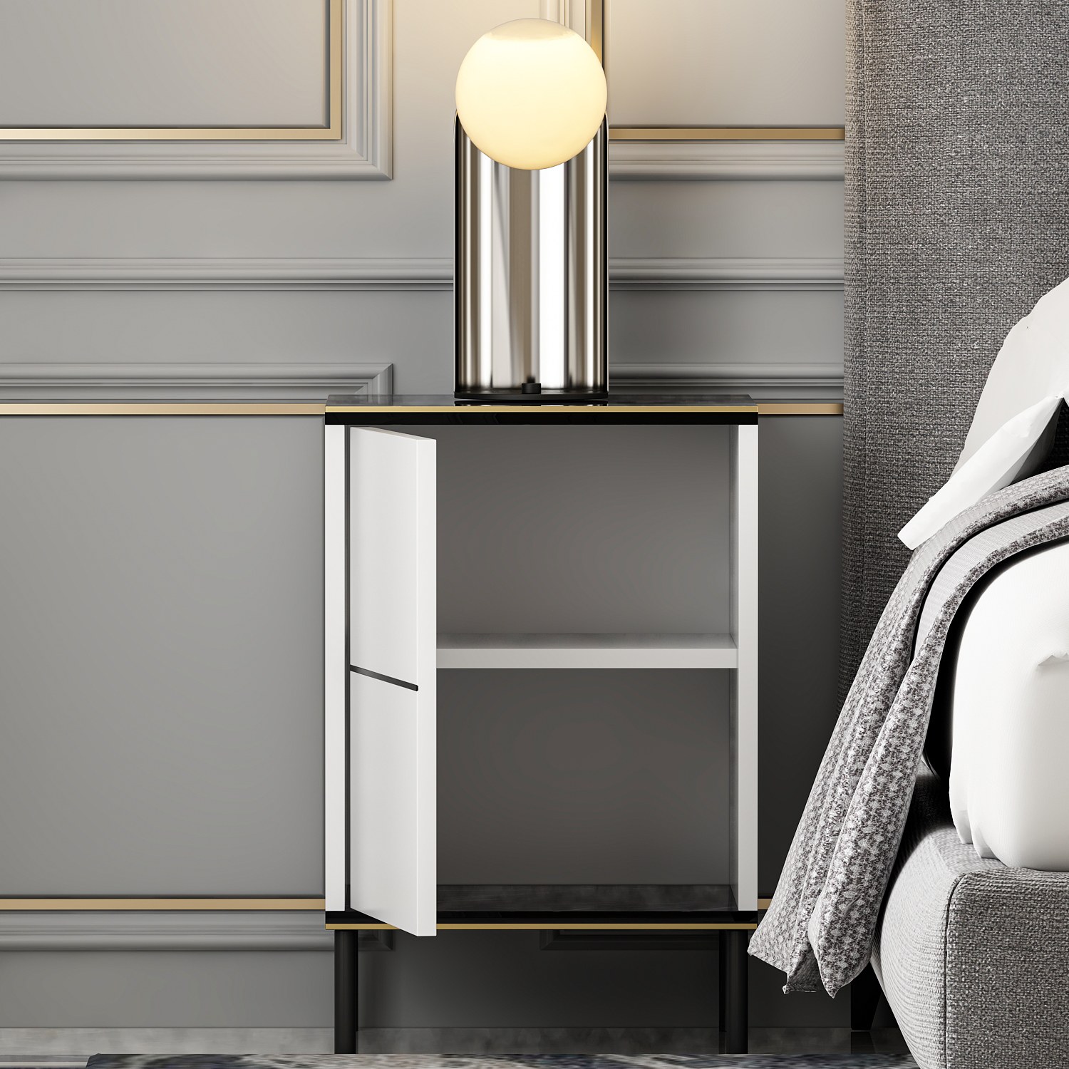 Imaj Nightstand Wood Veneer White Black Gold