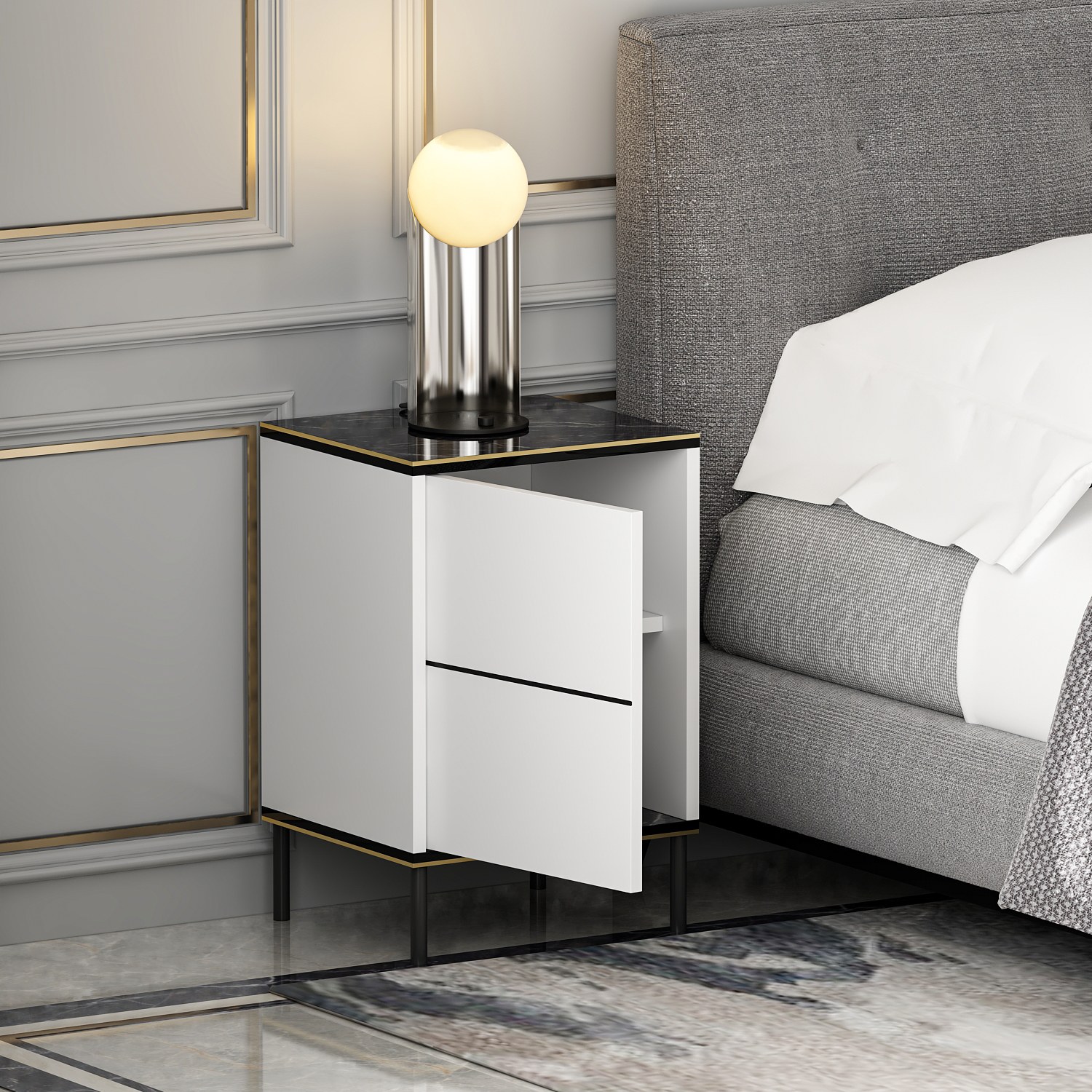 Imaj Nightstand Wood Veneer White Black Gold