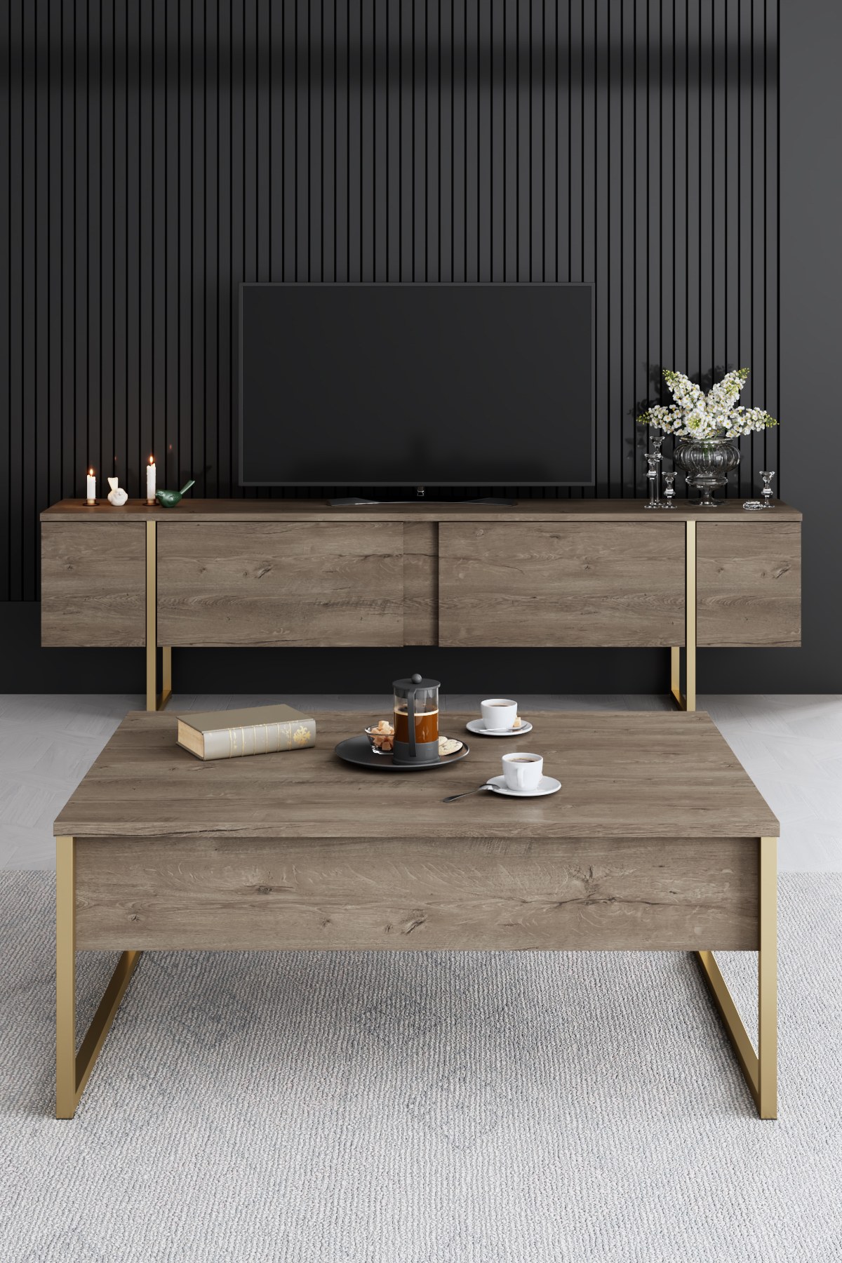 Luxury Living Room Furniture Set Wood Veneer Gold