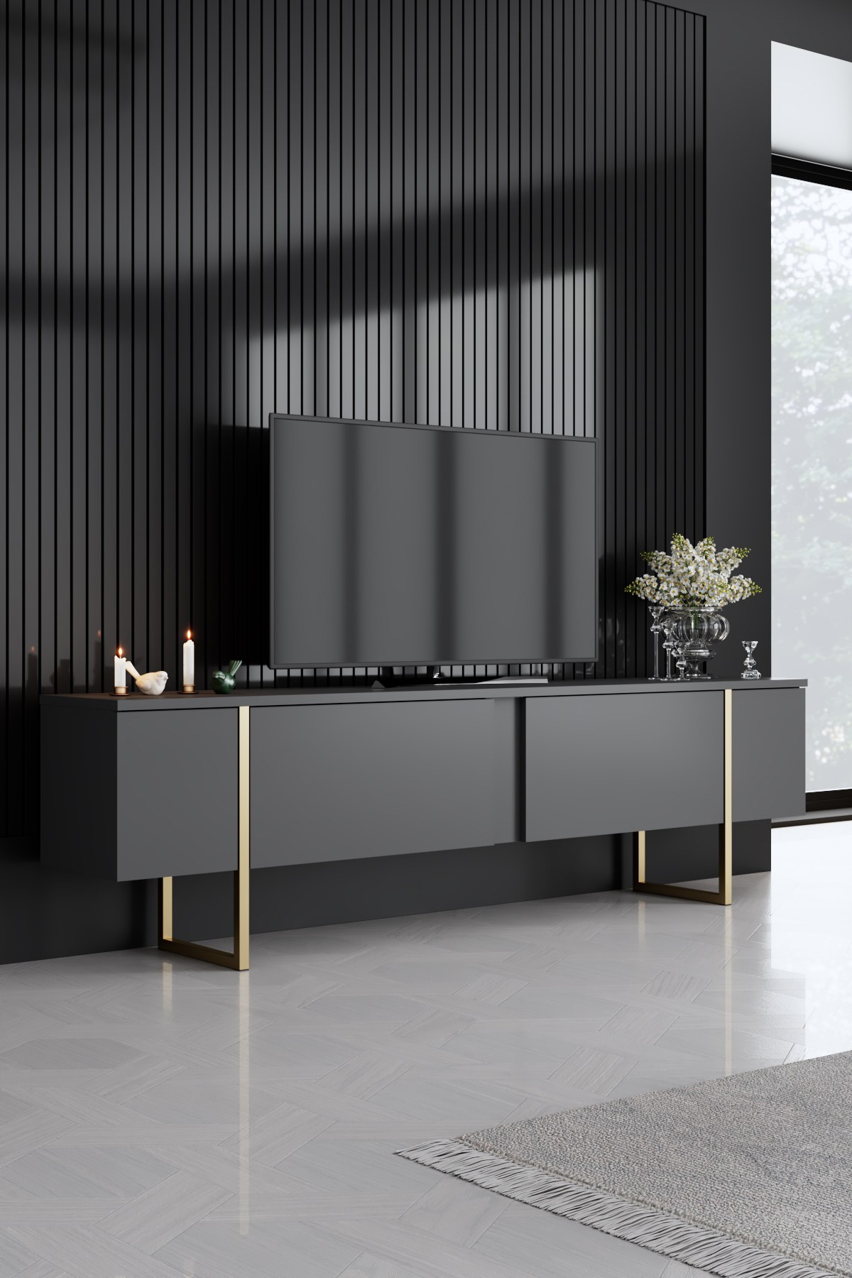Luxe Wohnzimmermöbel-Set Holzfurnier Anthrazit Gold
