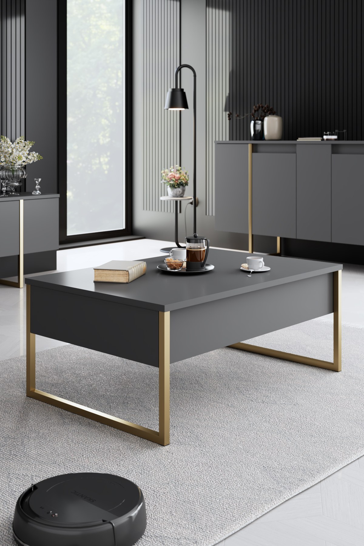 Luxury living room furniture set wood veneer anthracite gold