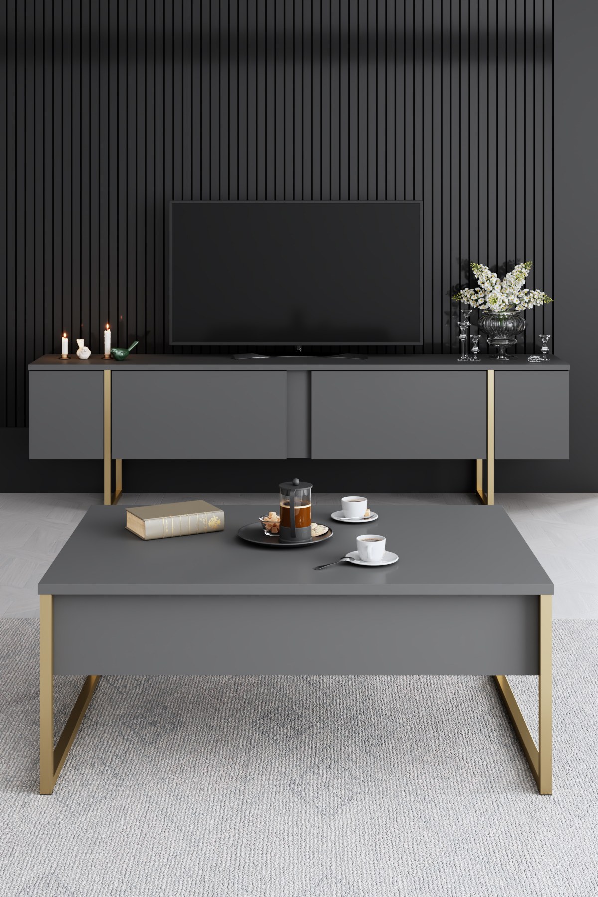 Luxury living room furniture set wood veneer anthracite gold
