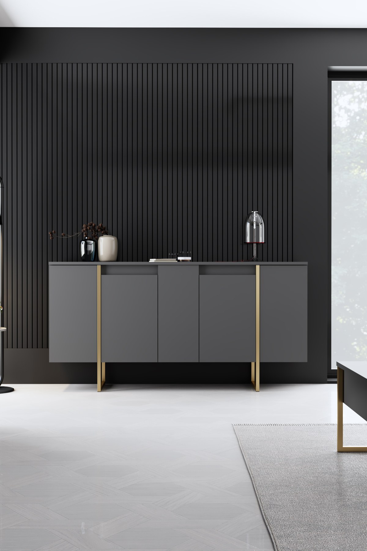 Luxe Wohnzimmermöbel-Set Holzfurnier Anthrazit Gold