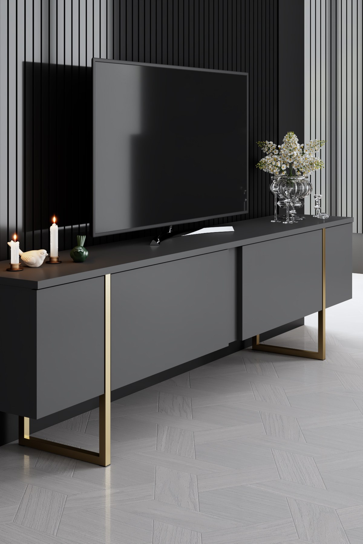 Luxe Wohnzimmermöbel-Set Holzfurnier Anthrazit Gold
