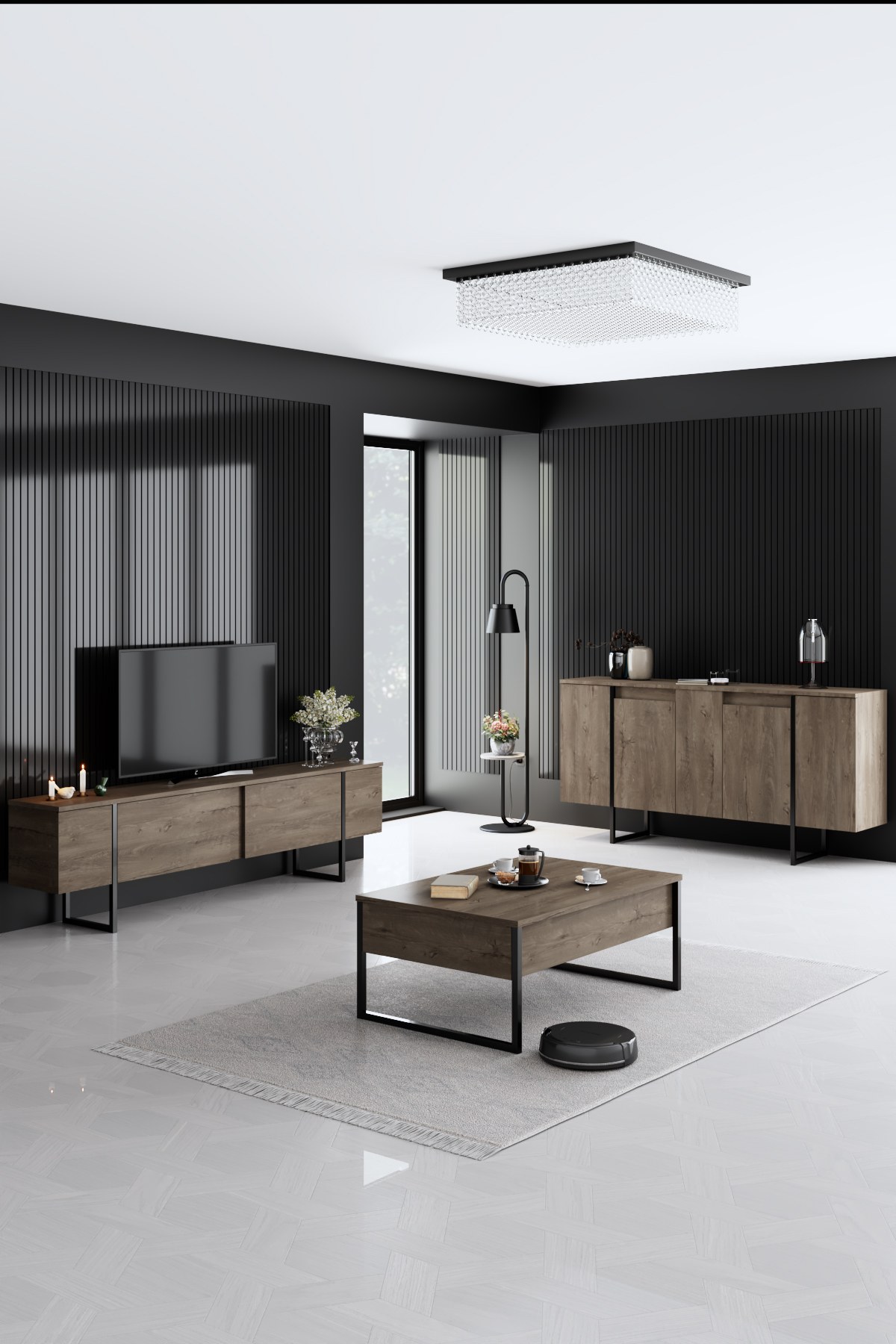 Set di mobili di lusso per il soggiorno in legno impiallacciato nero