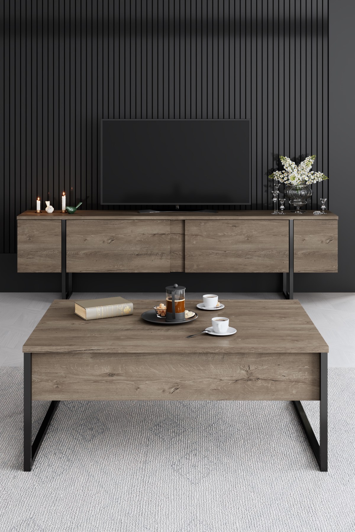 Luxury Living Room Furniture Set Wood Veneer Black