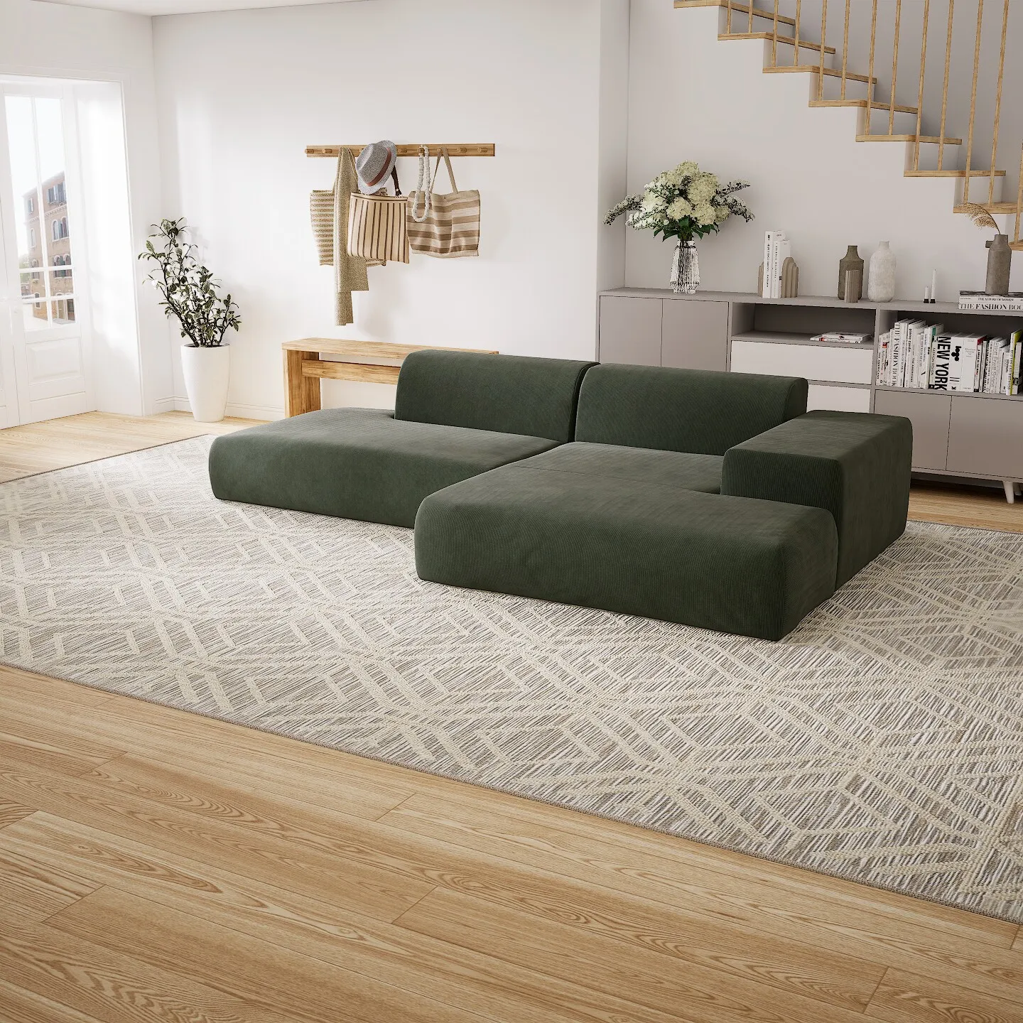 Pyllow Ecksofa Feiner Cord Waldgrün