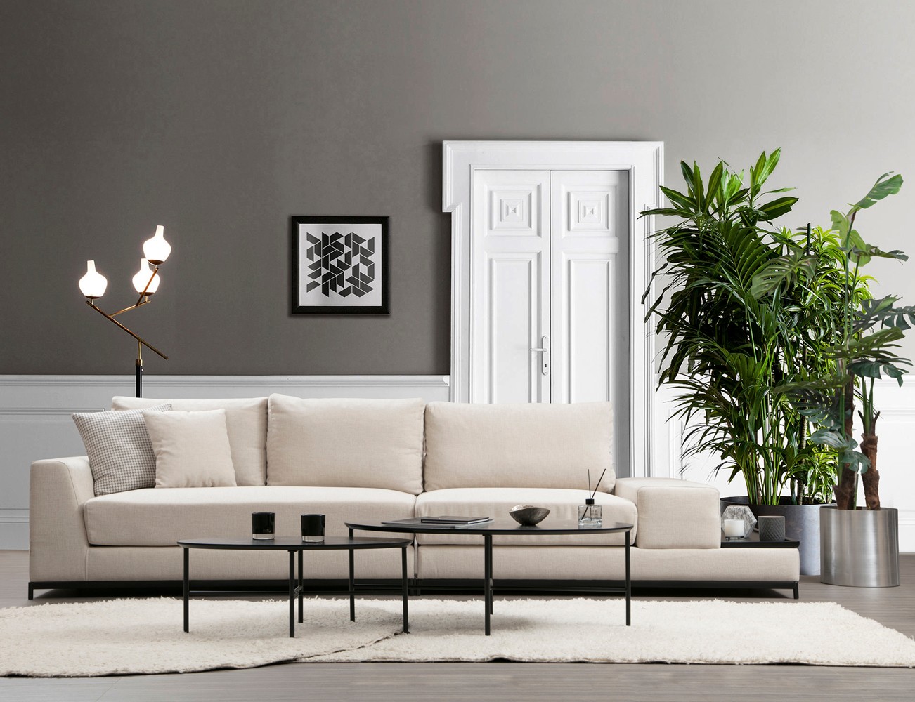 4-seater sofa with side table Beige