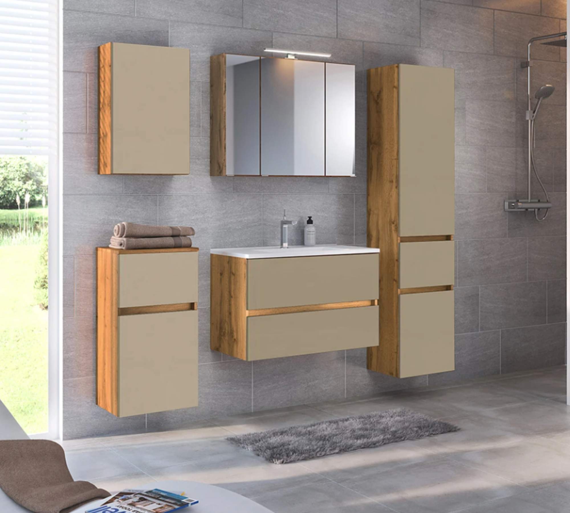 Badschrank Wotaneiche Dekor