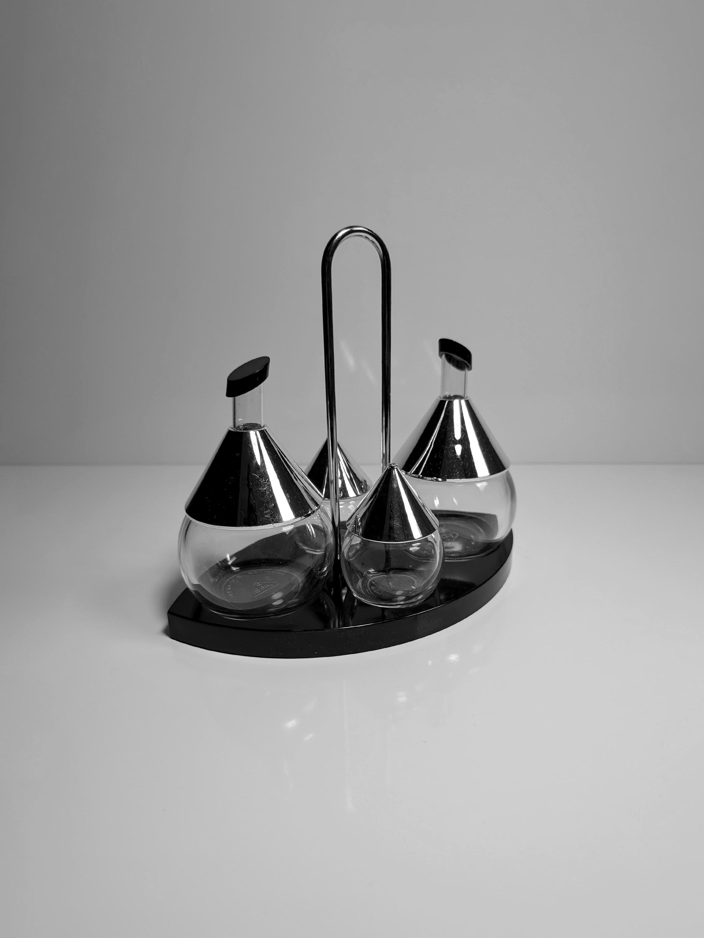 Vintage Kondiment Set Metall Glas 1980er Jahre