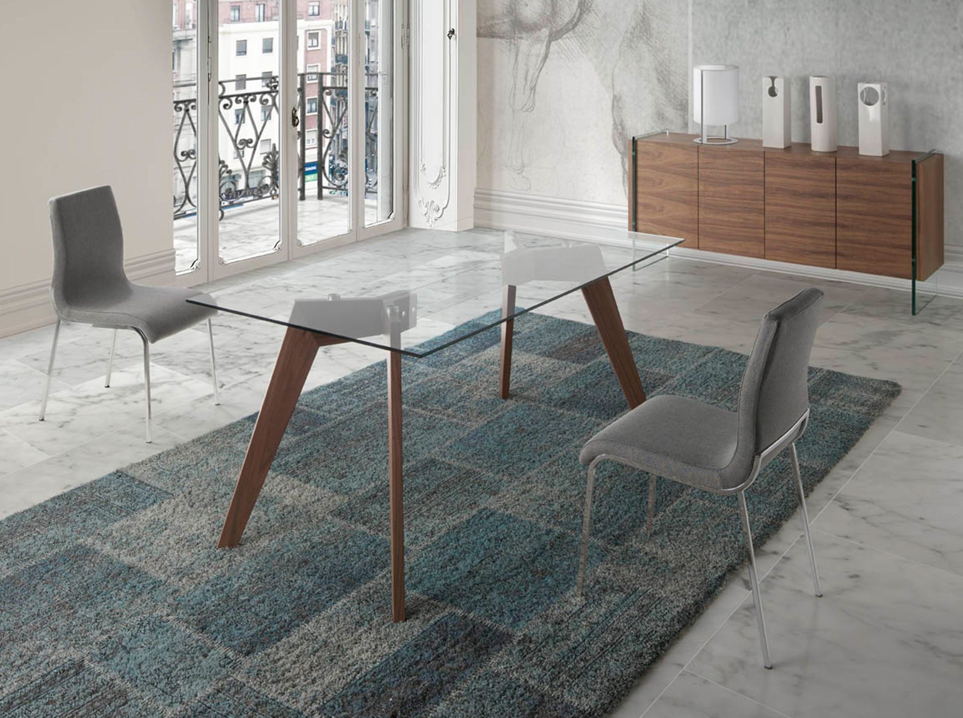 1031 Tavolo da pranzo rettangolare impiallacciatura di legno vetro