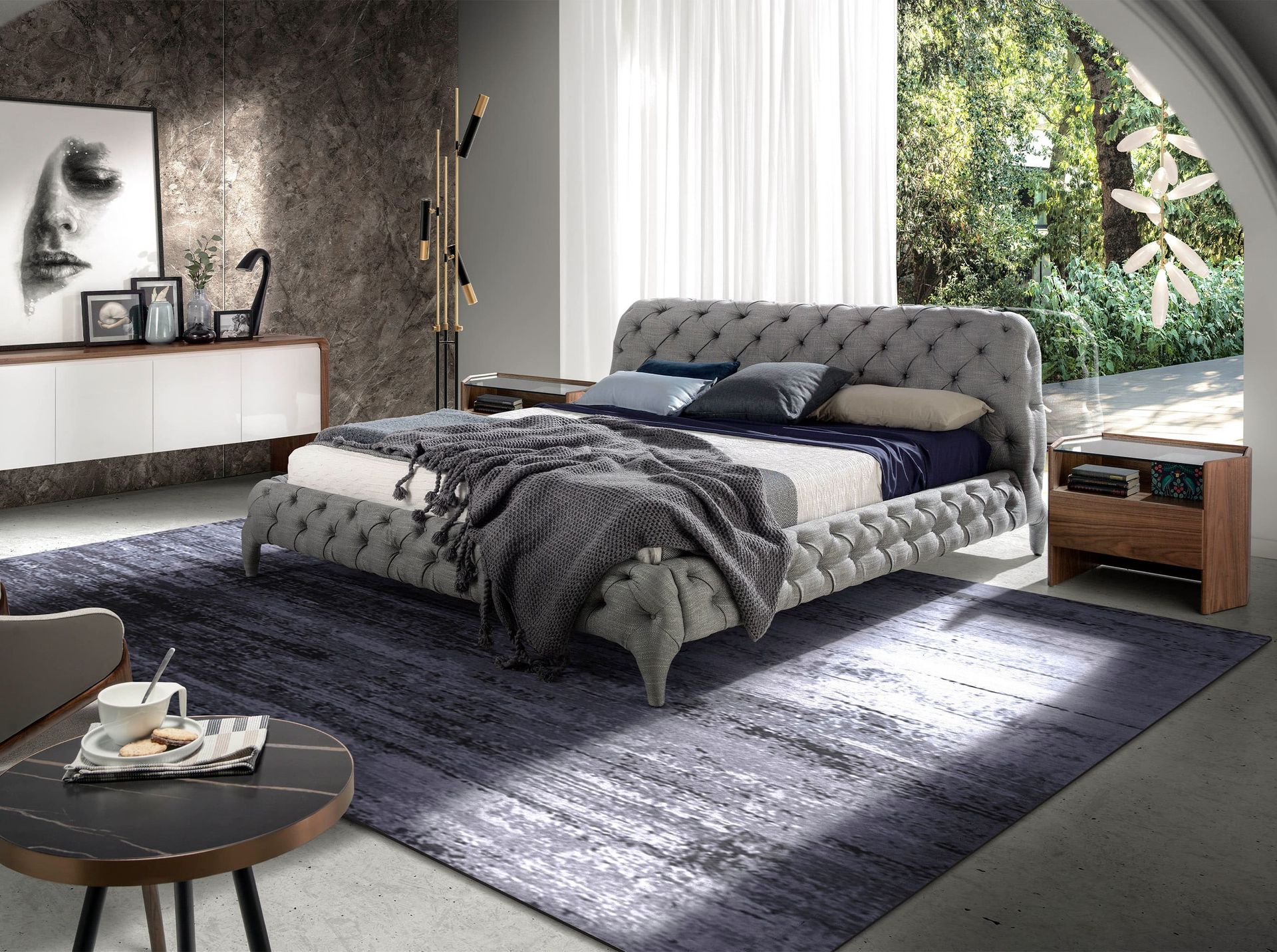 Doppelbett Kapitonné-Polsterung Kiefernholz Grau