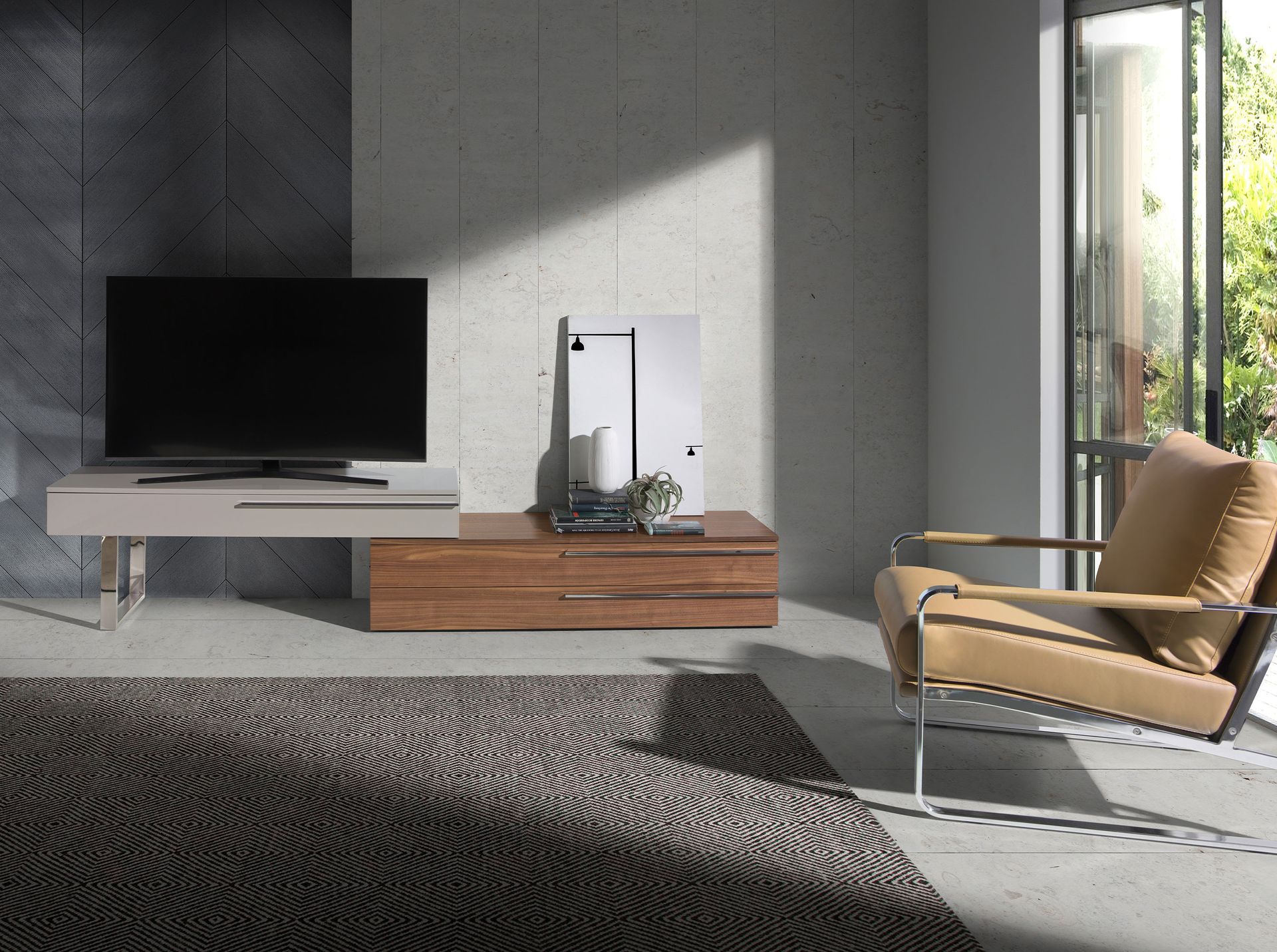 Lowboard walnut veneer stainless steel cream