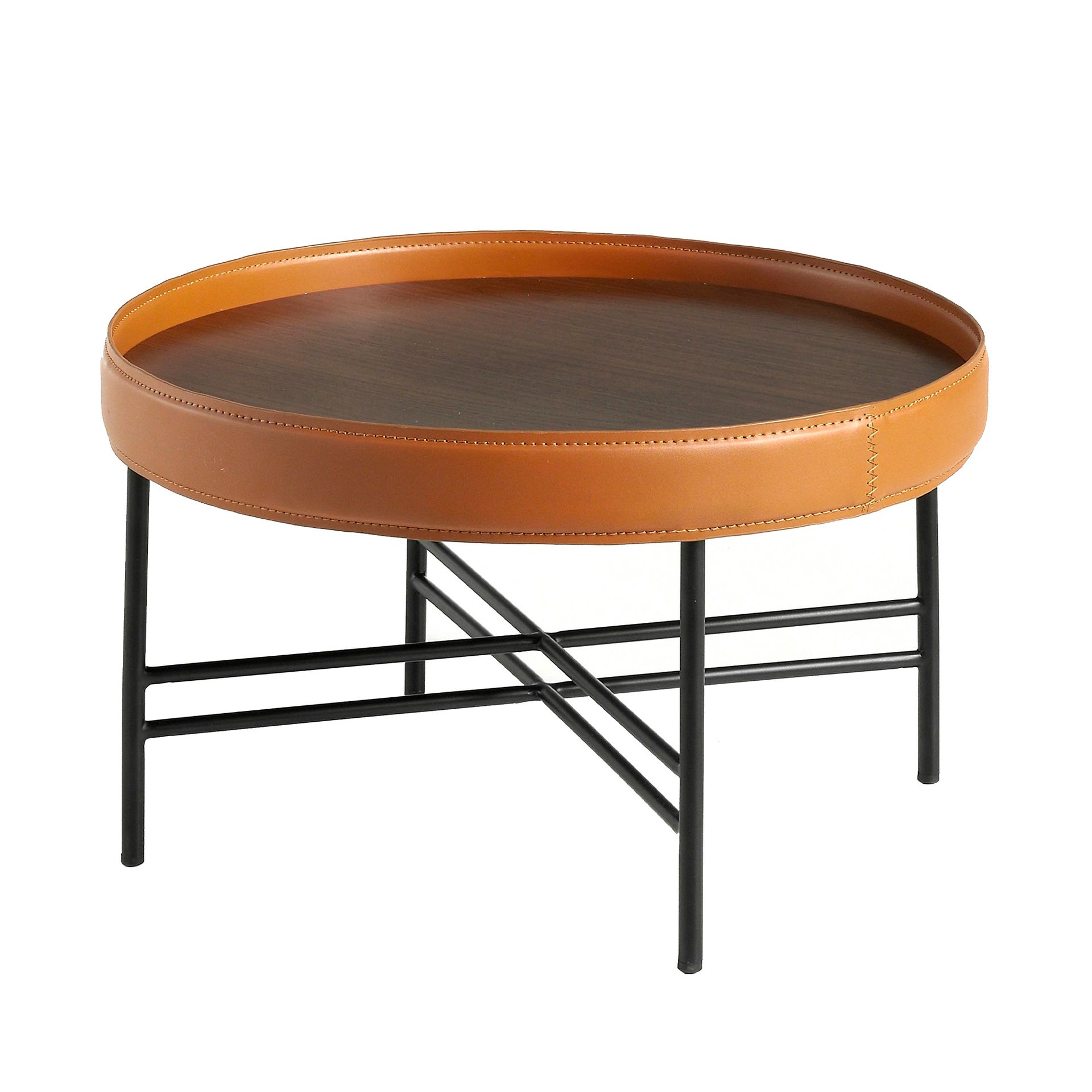 Coffee table walnut veneer faux leather brown Ø 62cm