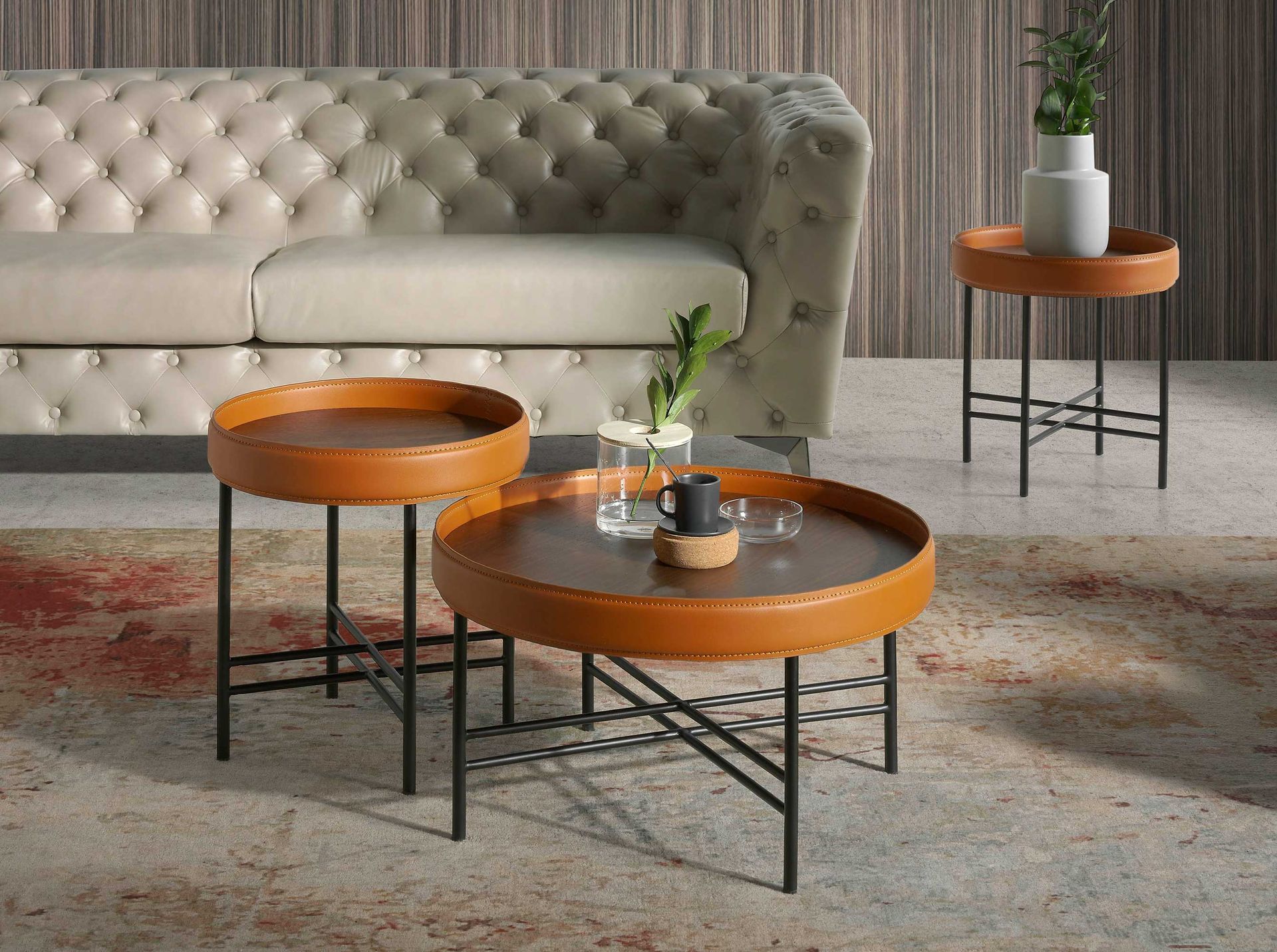 Coffee table walnut veneer faux leather brown Ø 62cm