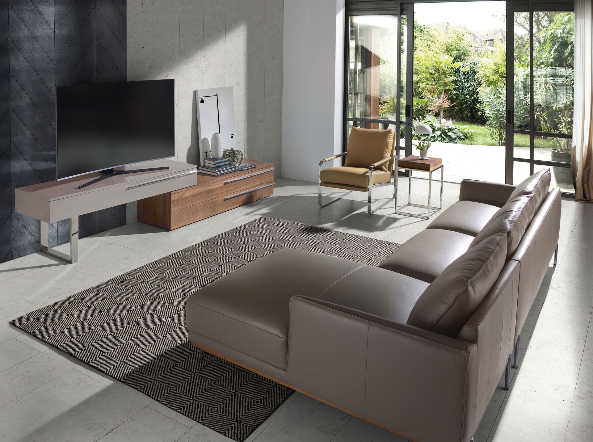 Lowboard walnut veneer stainless steel cream