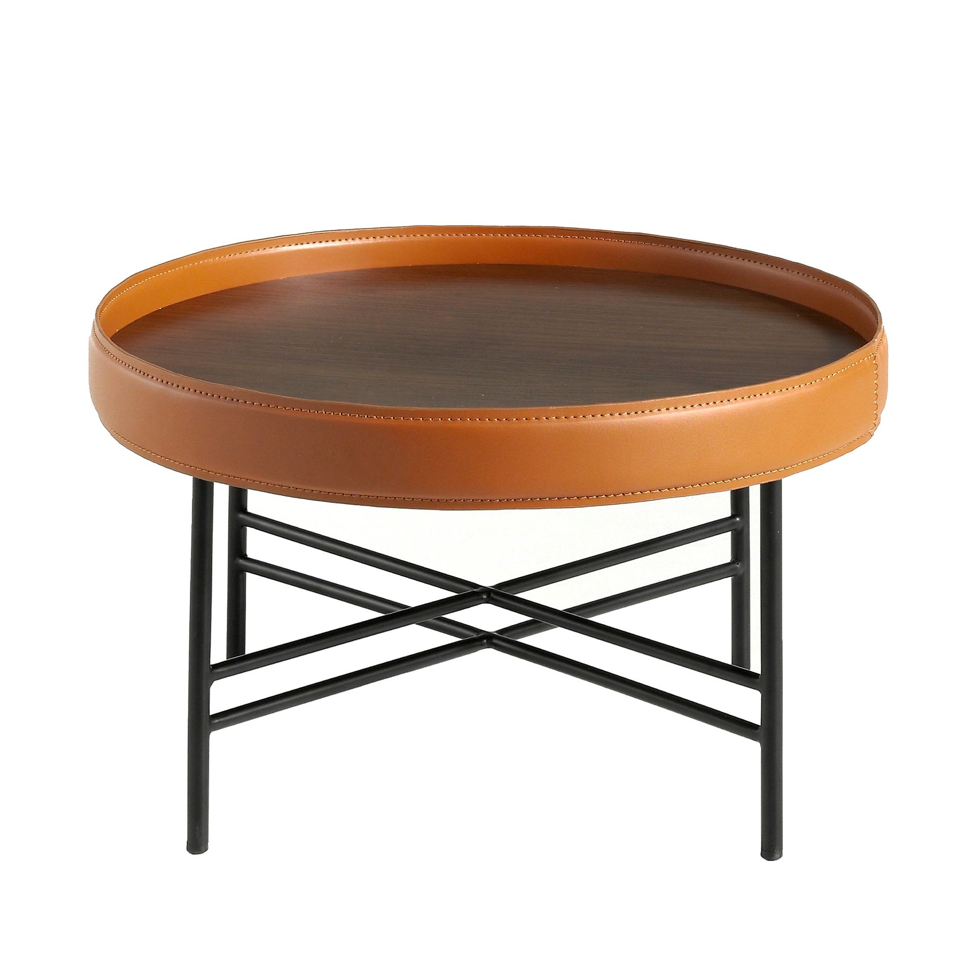 Coffee table walnut veneer faux leather brown Ø 62cm