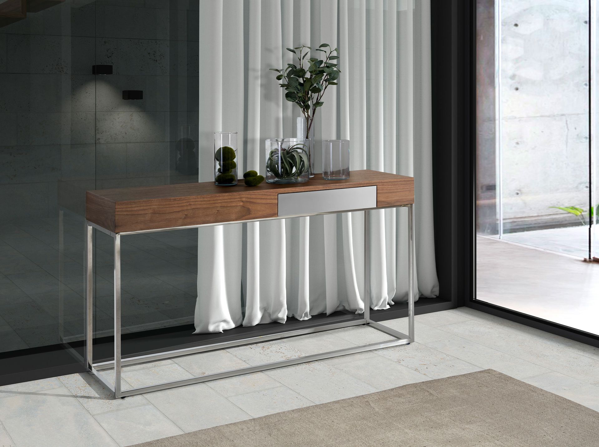Console table walnut veneer stainless steel brown