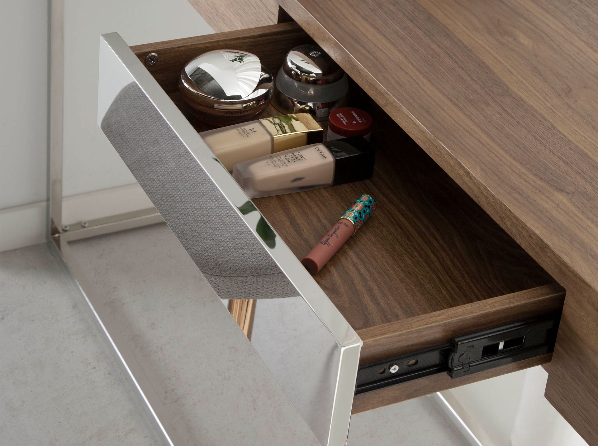Console table walnut veneer stainless steel brown