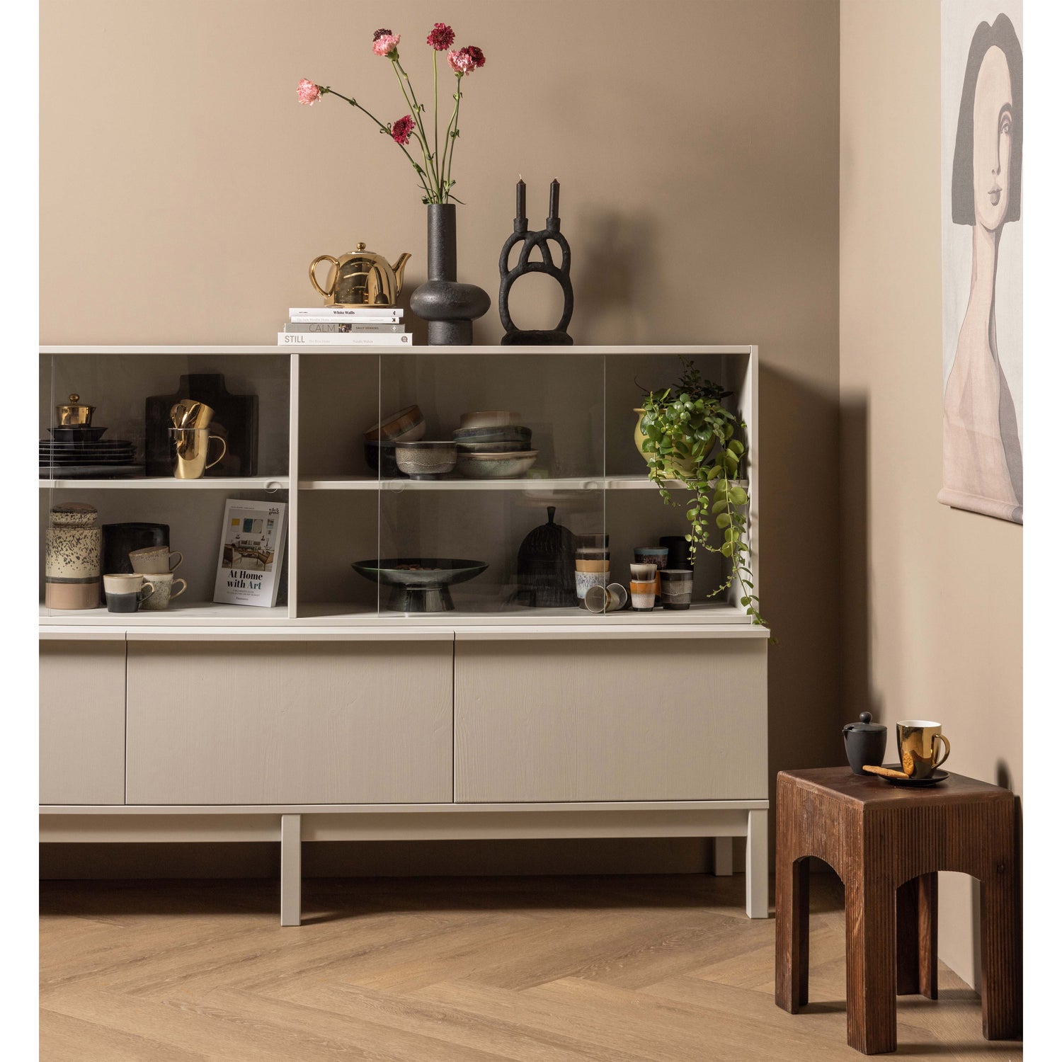 Klink Display Cabinet FSC Pine wood tempered glass sliding doors
