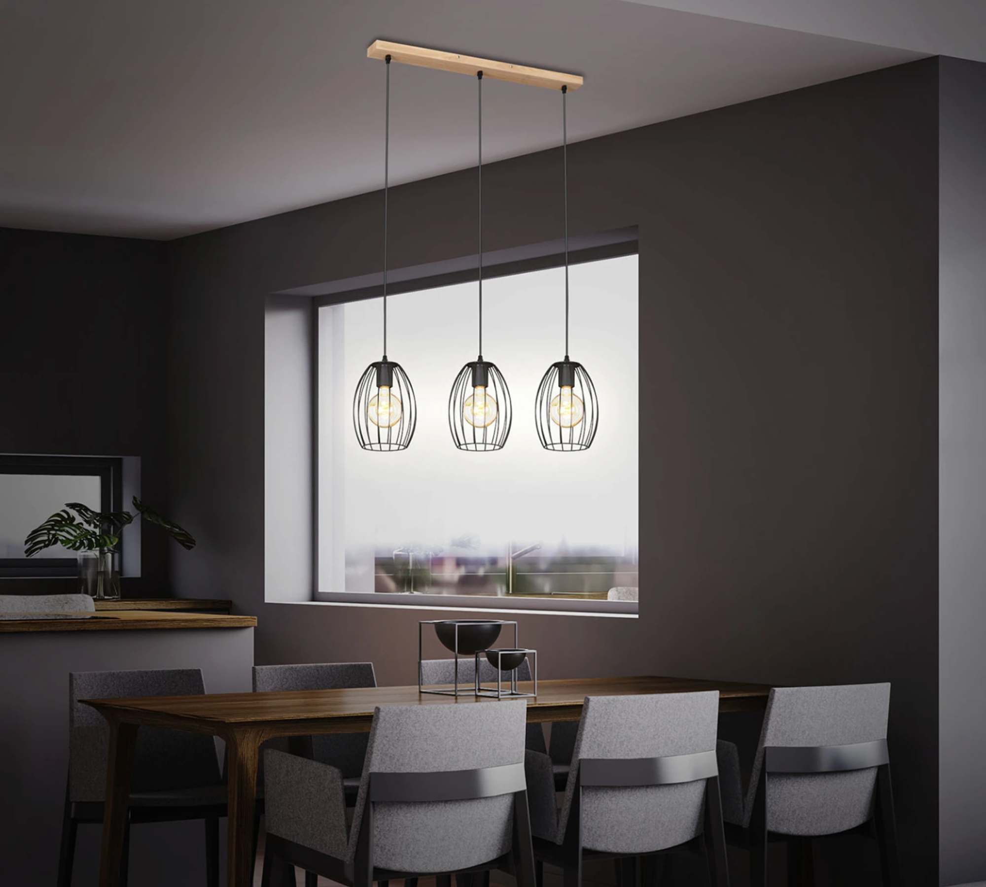 Pendant lamp 3-flame Rubber tree wood Metal