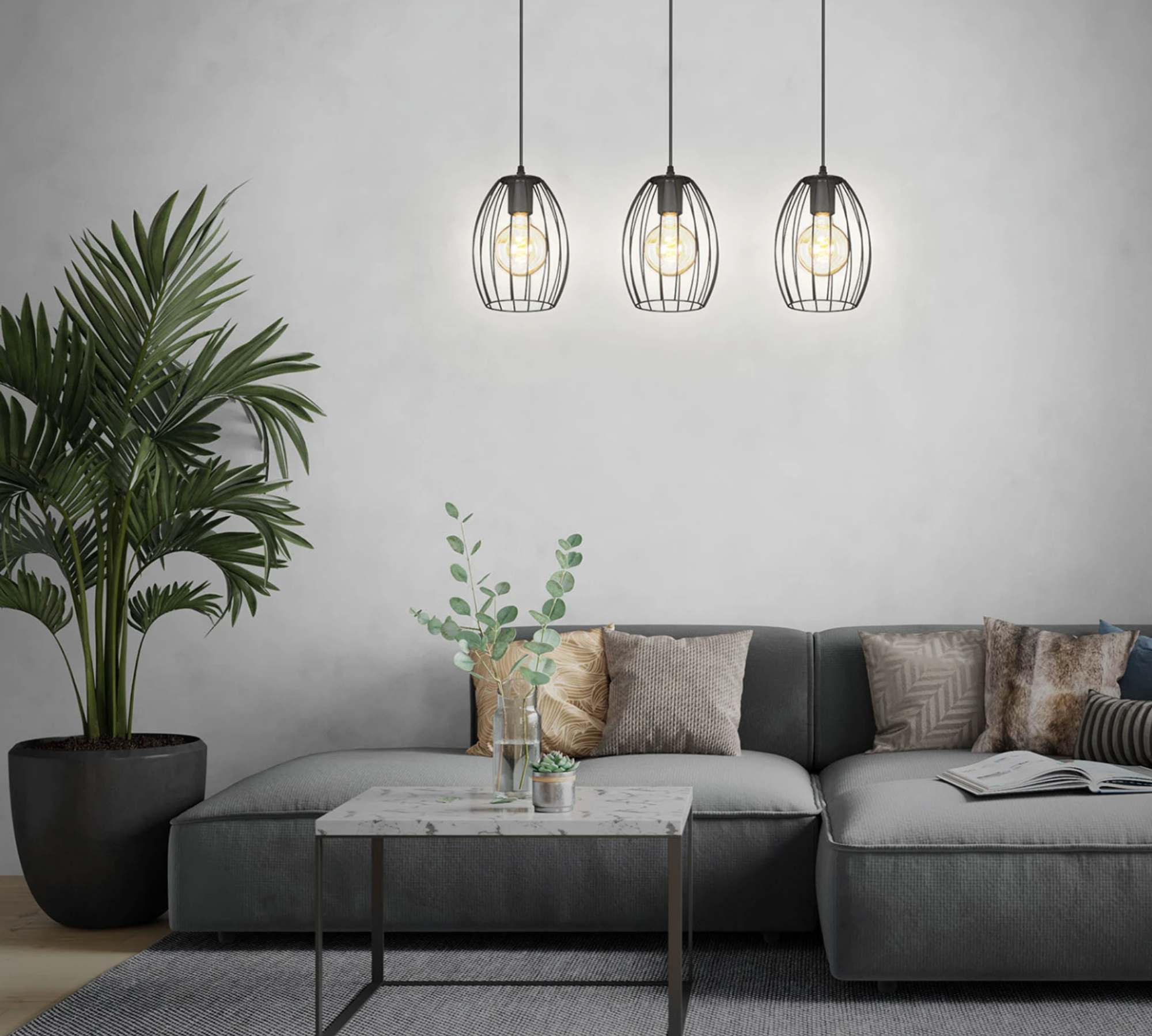 Pendant lamp 3-flame Rubber tree wood Metal