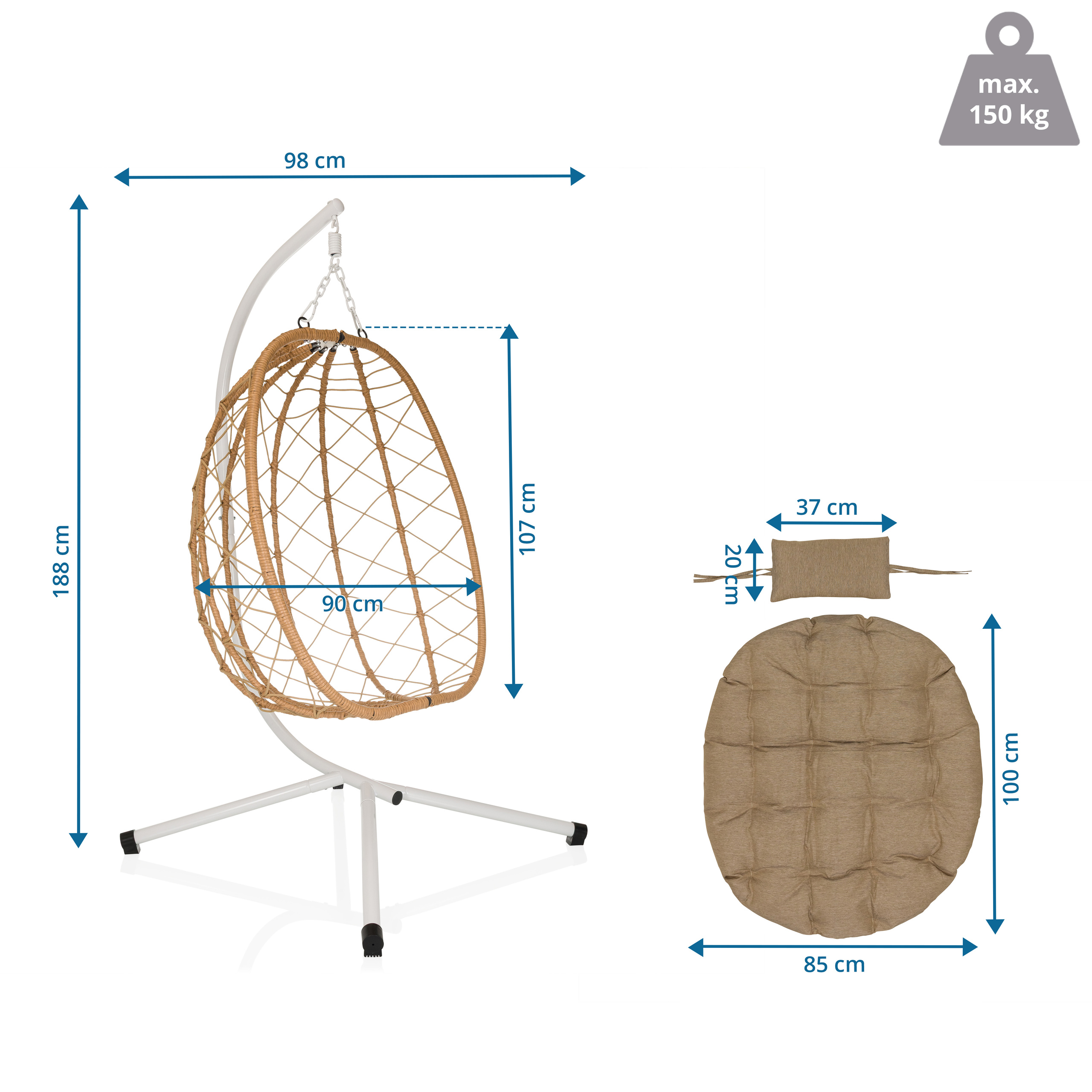 Cocova poltrona sospesa con supporto & cuscini beige