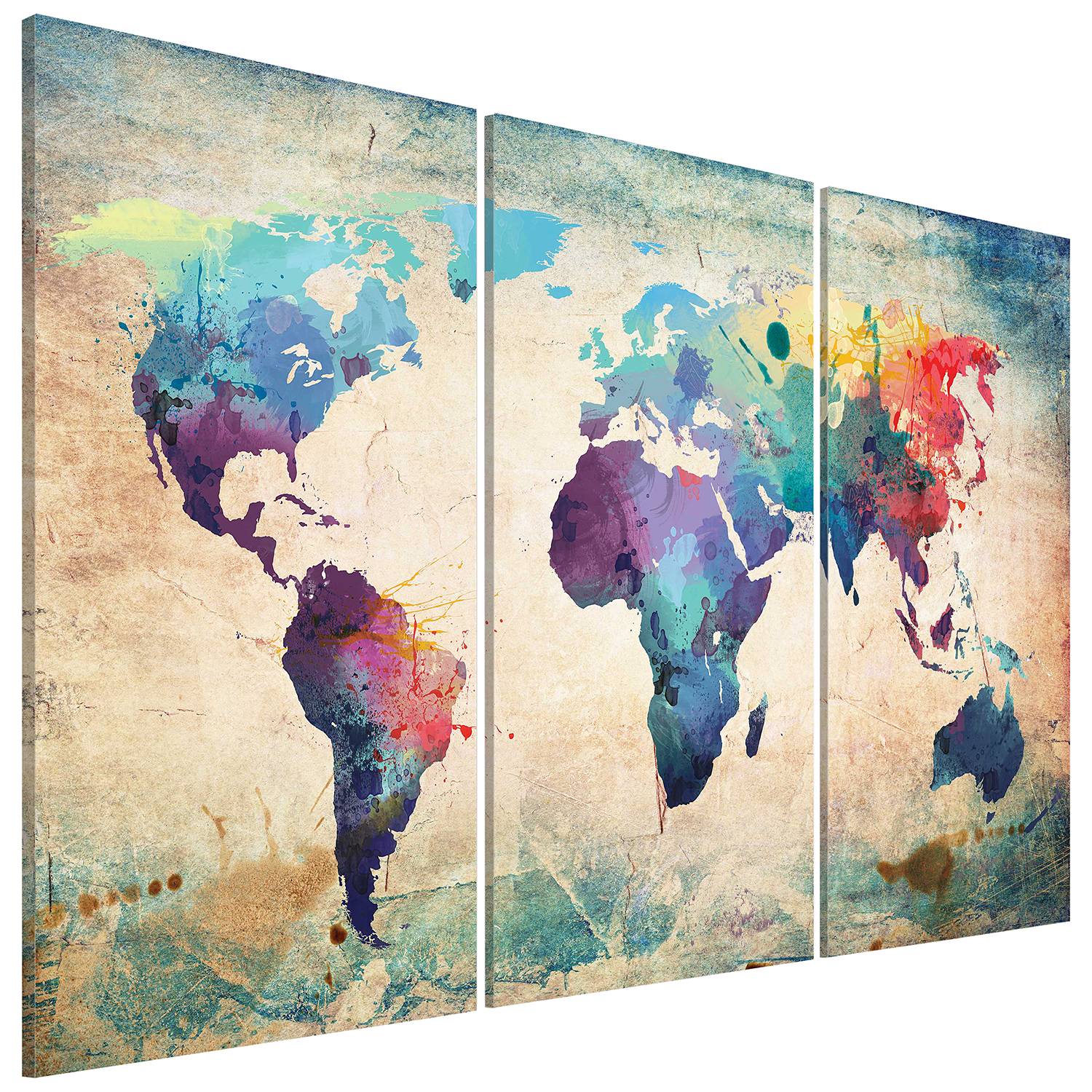 Bunte Weltkarte Triptychon Leinwand Wandbild